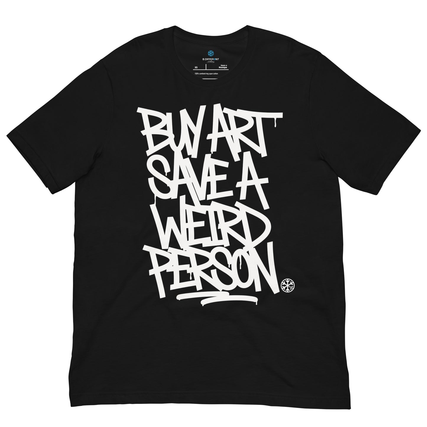 Black-Buy Art Save a Weird Person Graffiti Tee from B.Different Clothing, front view, graffiti-inspired streetwear t-shirt