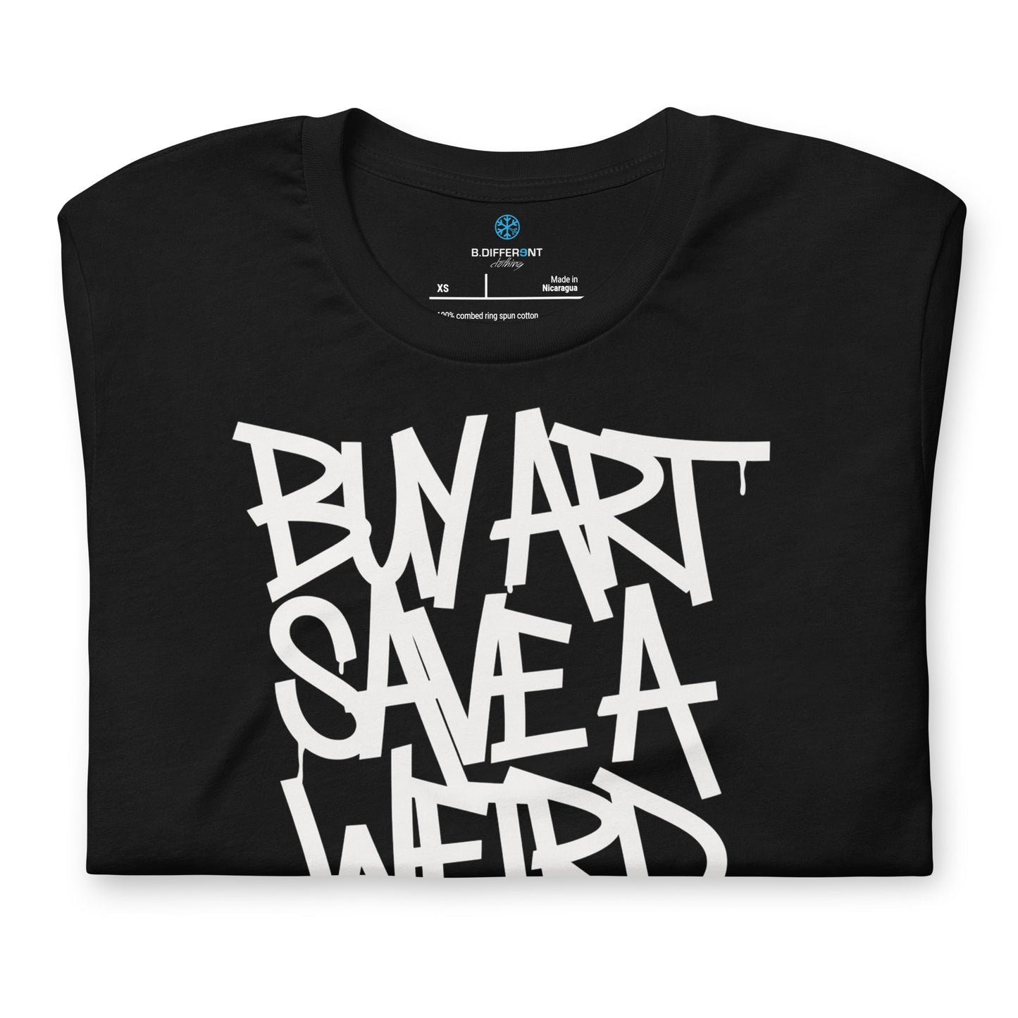 Black-Buy Art Save a Weird Person Graffiti Tee from B.Different Clothing, folded, graffiti-inspired streetwear t-shirt