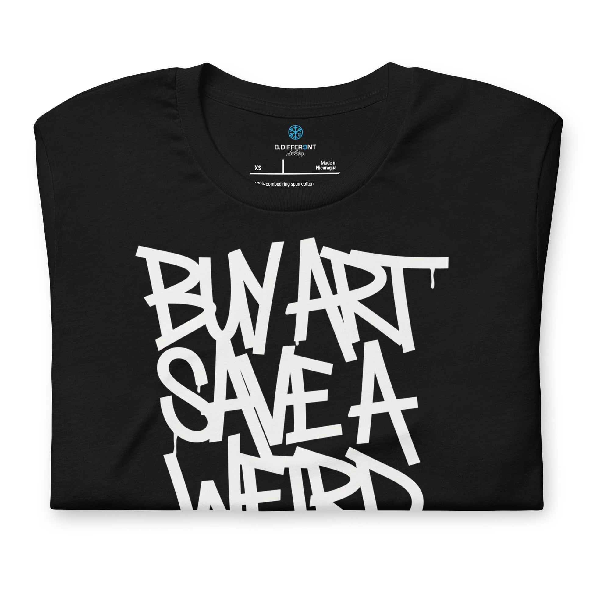 Black-Buy Art Save a Weird Person Graffiti Tee from B.Different Clothing, folded, graffiti-inspired streetwear t-shirt