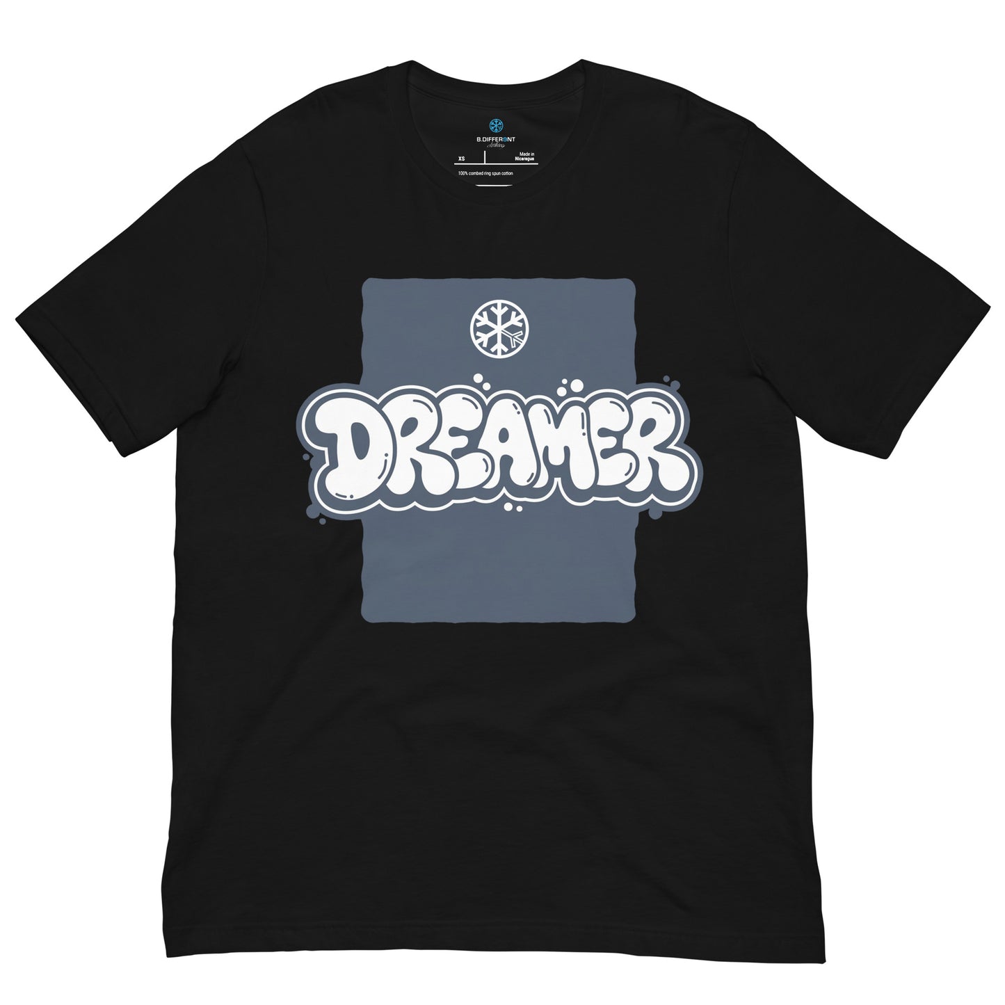 Black-Dreamer Graffiti Throw-up Tee from B.Different Clothing, front view, graffiti-inspired streetwear t-shirt