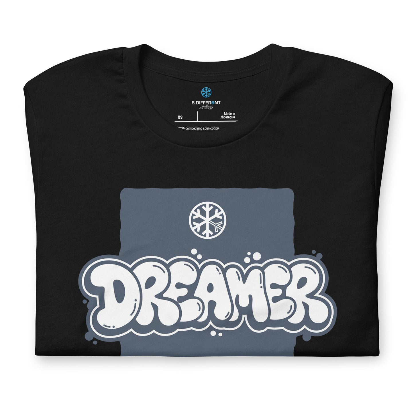 Black-Dreamer Graffiti Throw-up Tee from B.Different Clothing, folded, graffiti-inspired streetwear t-shirt