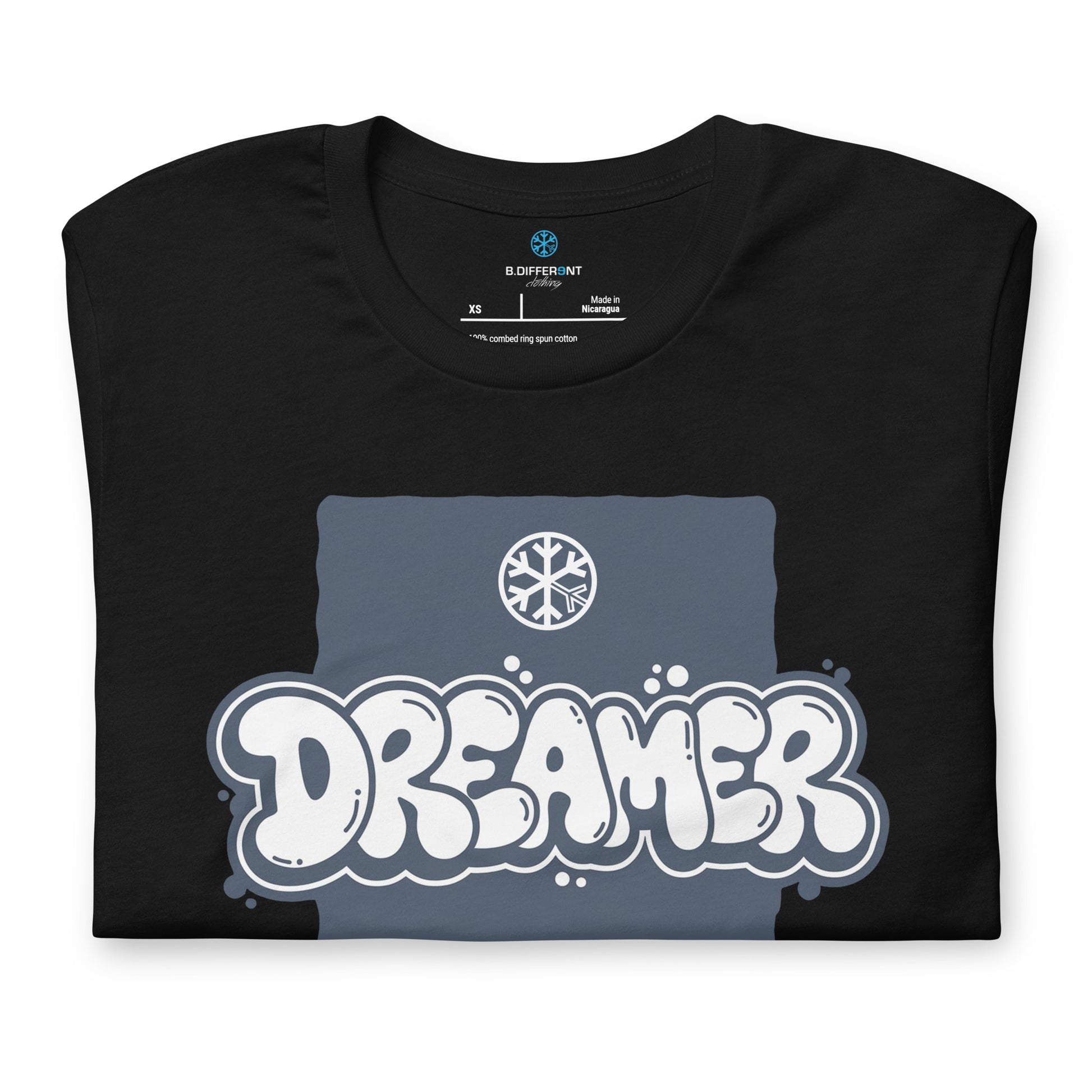 Black-Dreamer Graffiti Throw-up Tee from B.Different Clothing, folded, graffiti-inspired streetwear t-shirt