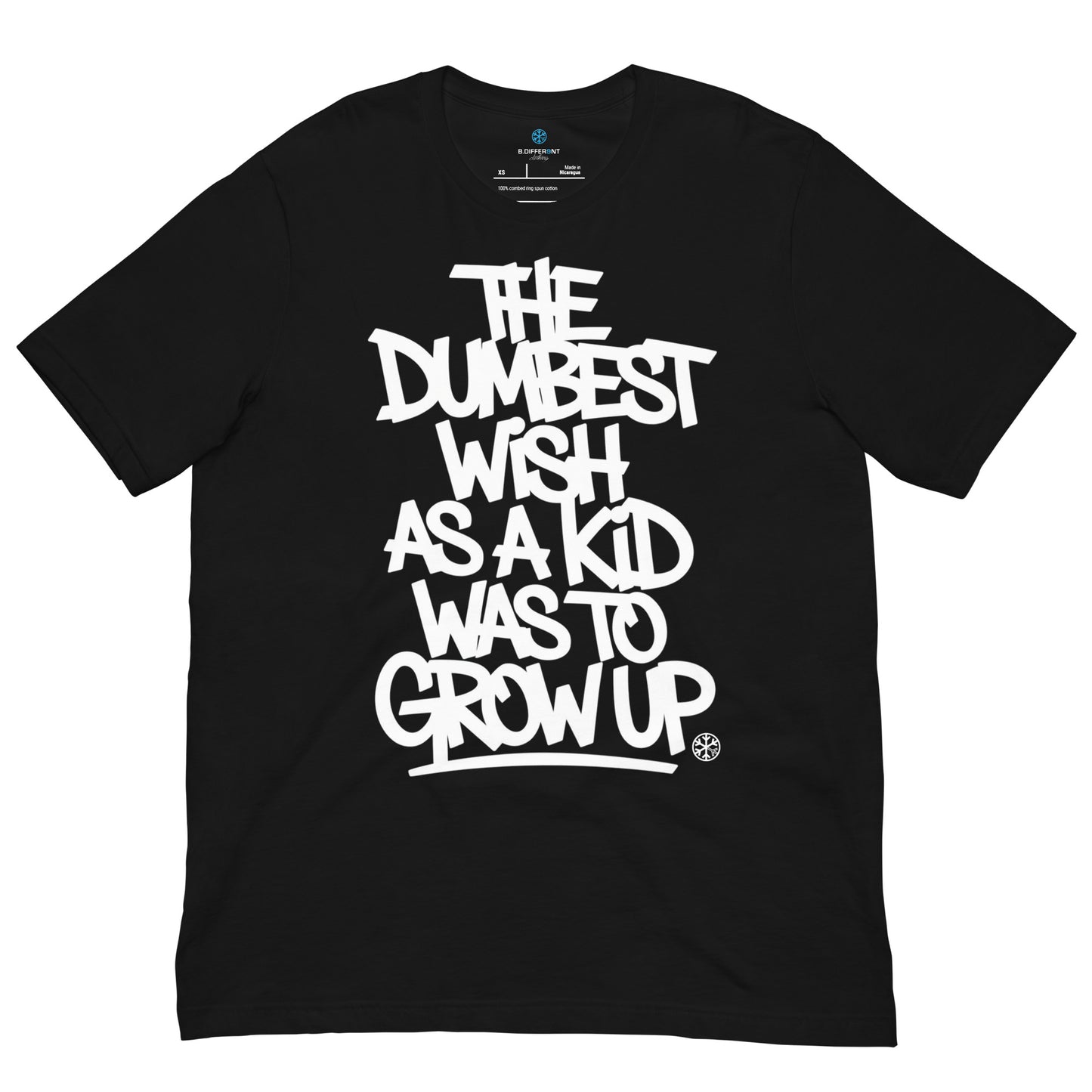 Black-The Dumbest Wish Graffiti Tag Tee from B.Different Clothing, front view, graffiti-inspired streetwear t-shirt