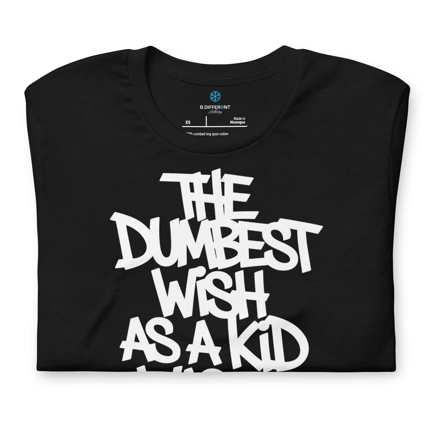 Black-The Dumbest Wish Graffiti Tag Tee from B.Different Clothing, folded, graffiti-inspired streetwear t-shirt