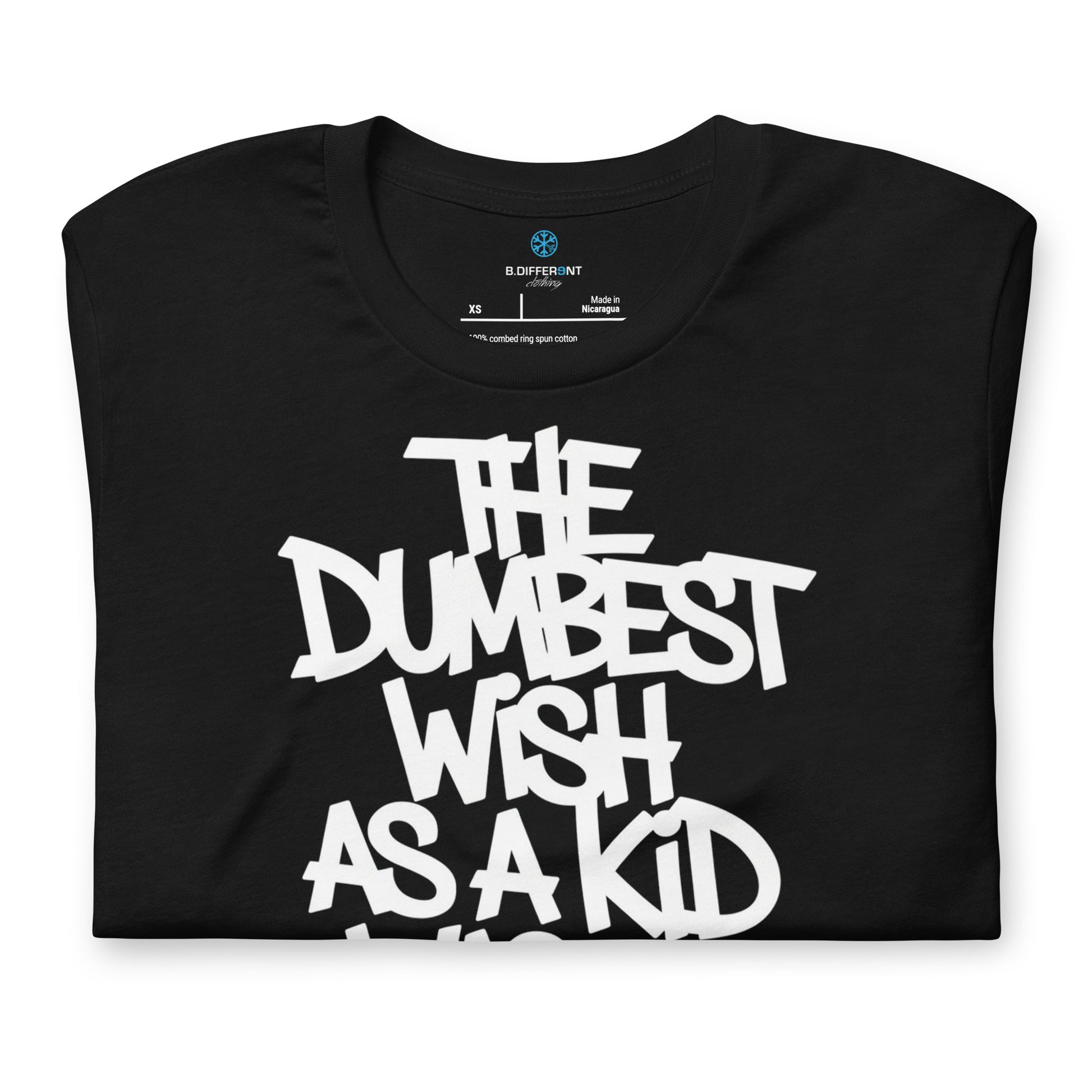 Black-The Dumbest Wish Graffiti Tag Tee from B.Different Clothing, folded, graffiti-inspired streetwear t-shirt