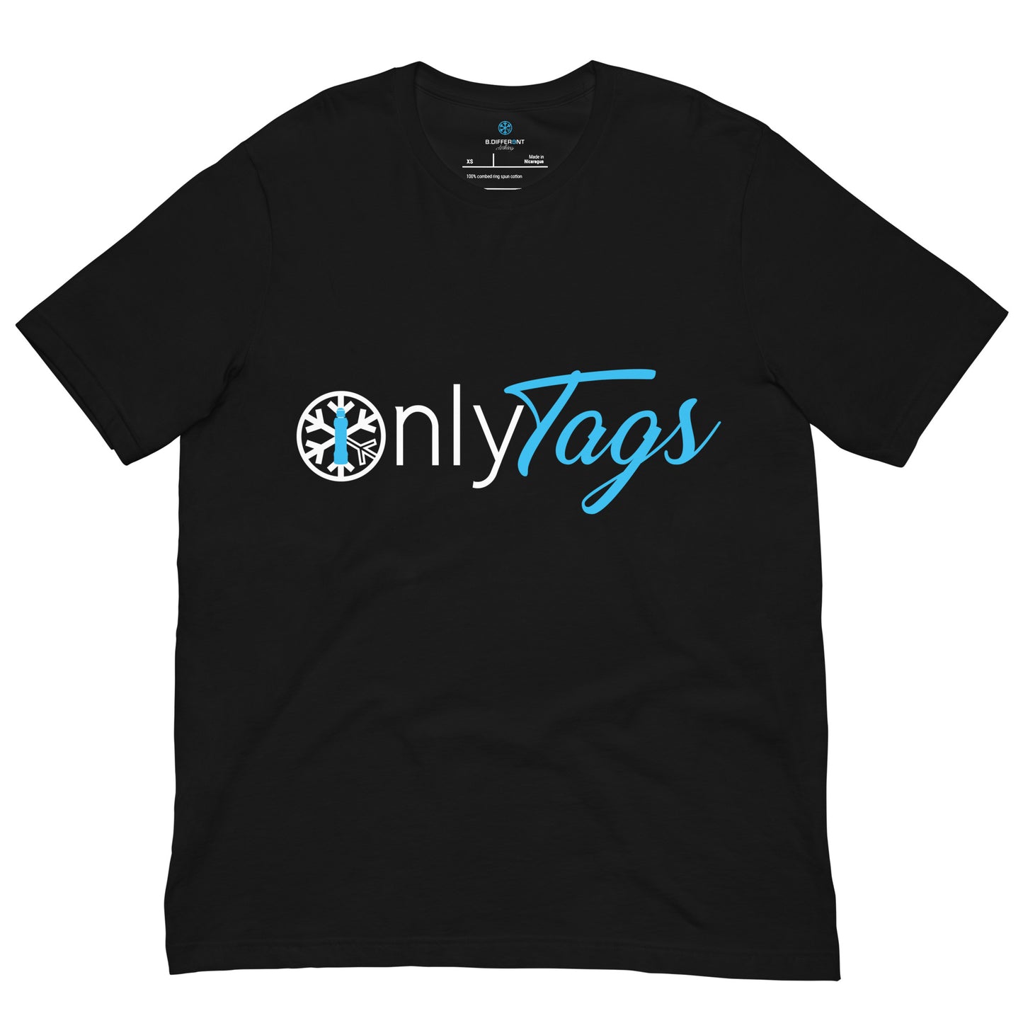 Black-Only Tags Graffiti Tee from B.Different Clothing, front view, graffiti-inspired streetwear t-shirt