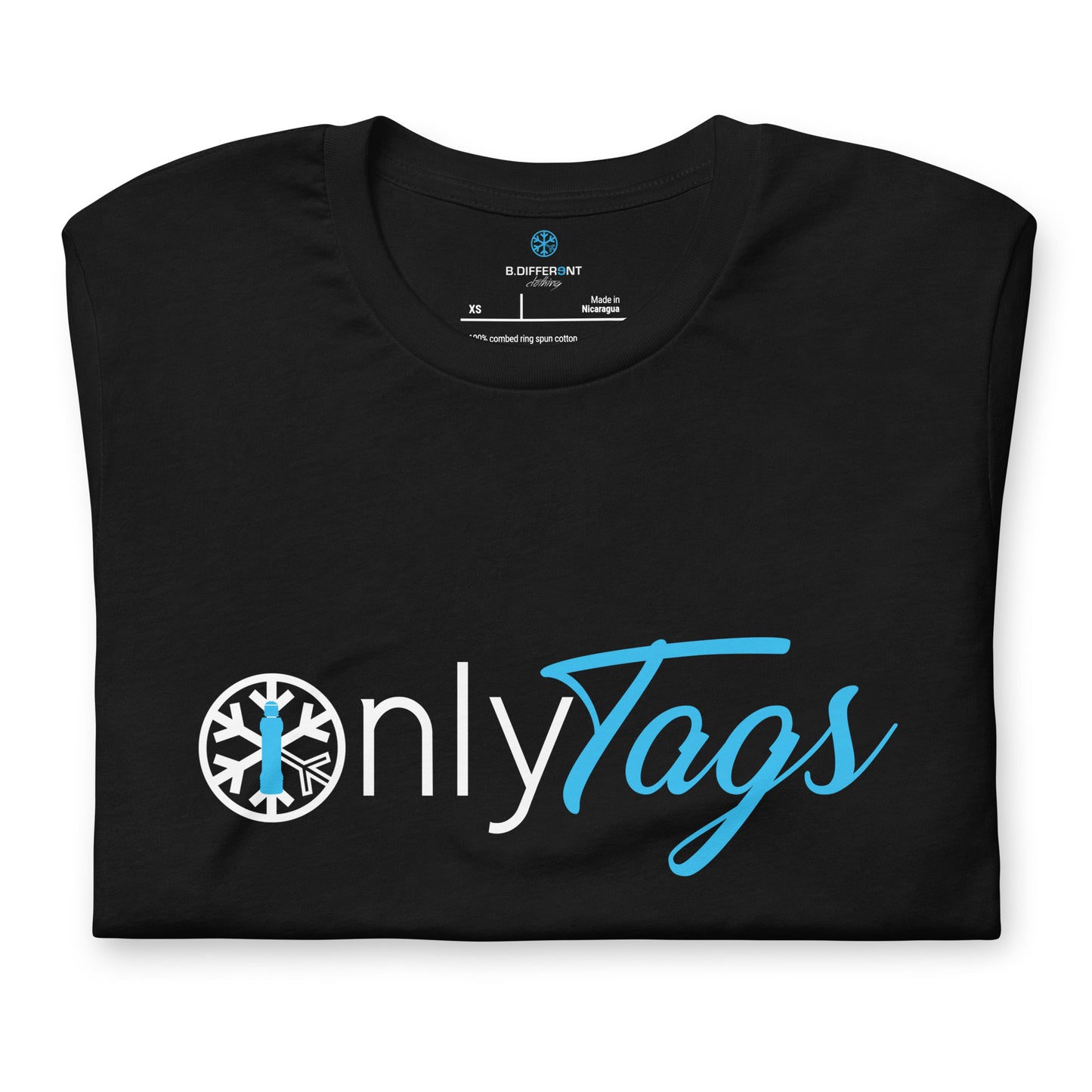 Black-Only Tags Graffiti Tee from B.Different Clothing, folded, graffiti-inspired streetwear t-shirt