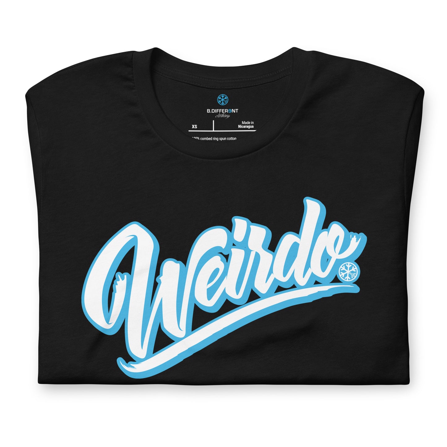 Black-Weirdo Tee from B.Different Clothing, folded, graffiti-inspired streetwear t-shirt