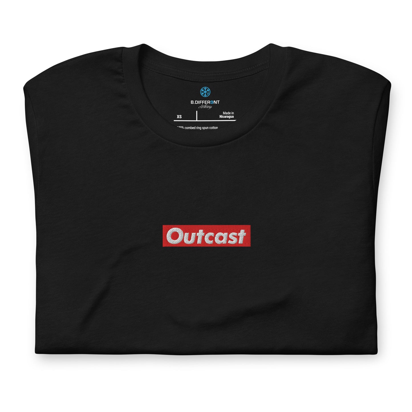 Black-Outcast Box Tee from B.Different Clothing, folded, graffiti-inspired streetwear t-shirt