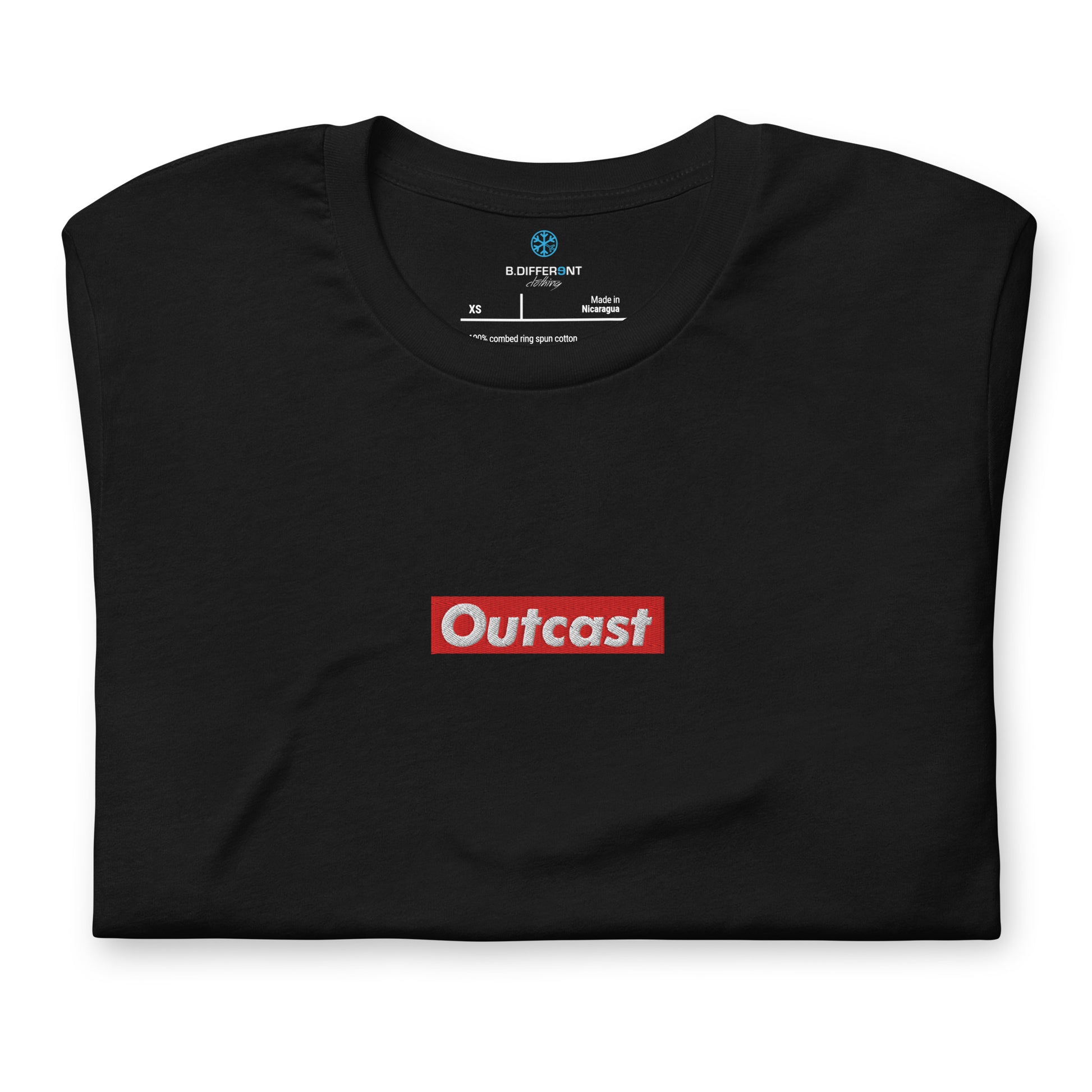Black-Outcast Box Tee from B.Different Clothing, folded, graffiti-inspired streetwear t-shirt