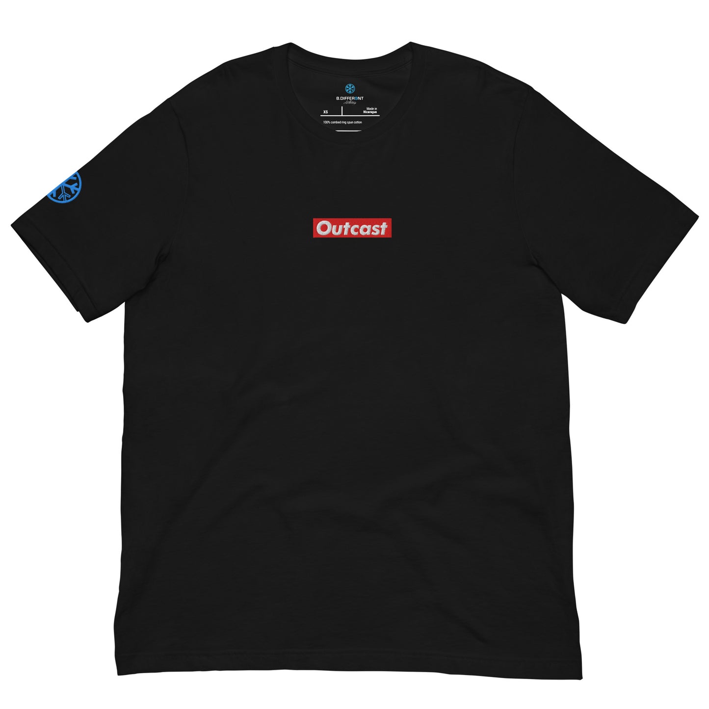 Black-Outcast Box Tee from B.Different Clothing, front view, graffiti-inspired streetwear t-shirt