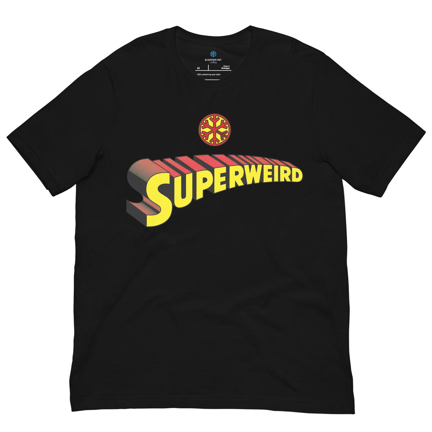 Black-Superweird Tee from B.Different Clothing, front view, graffiti-inspired streetwear t-shirt