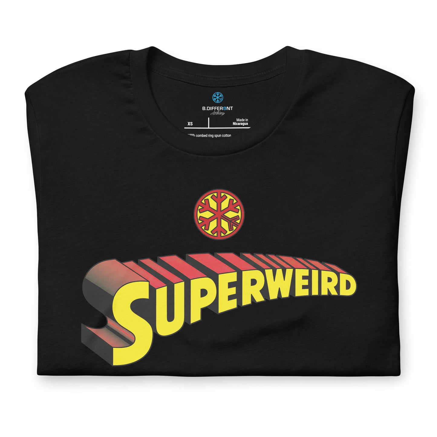 Black-Superweird Tee from B.Different Clothing, folded, graffiti-inspired streetwear t-shirt