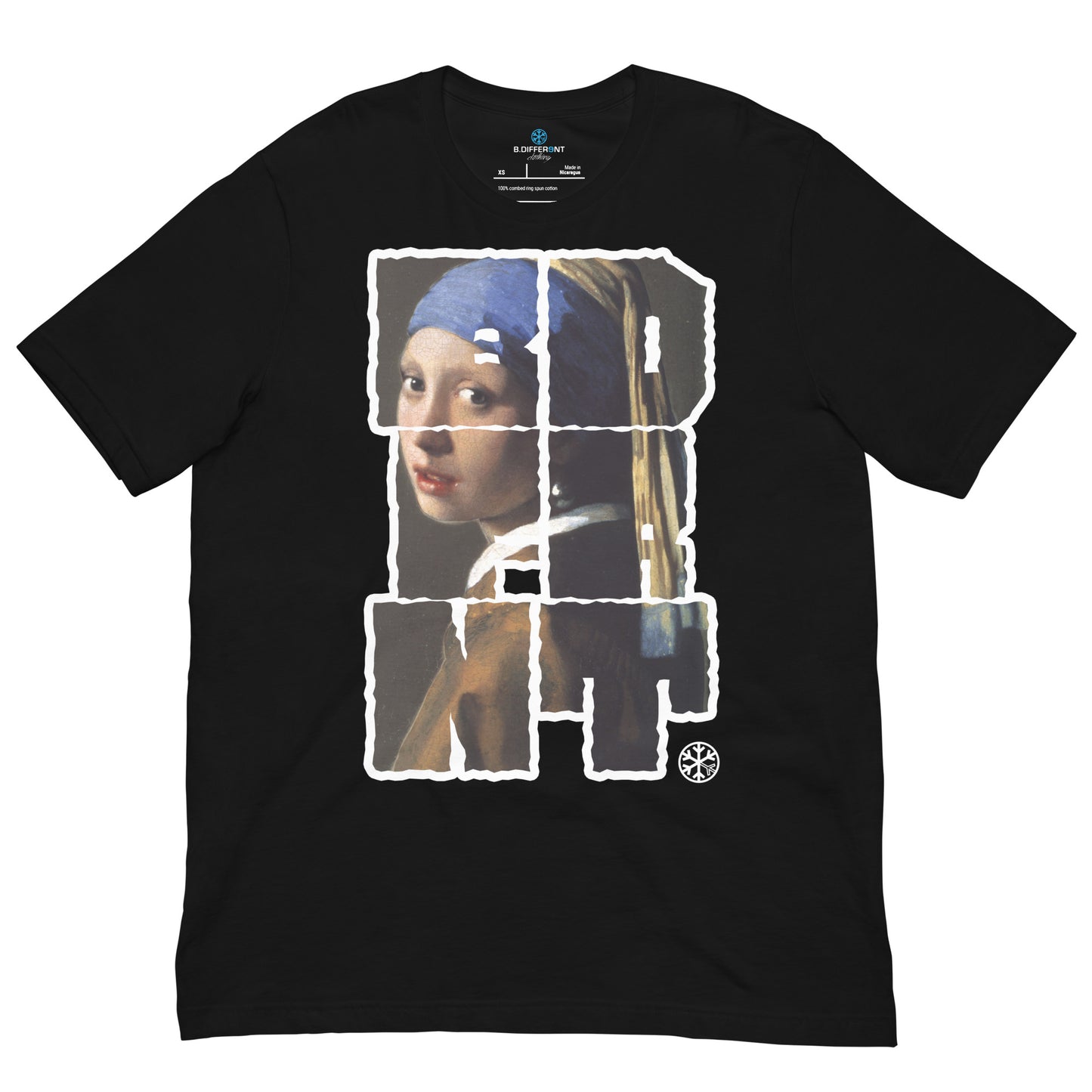 Black-BDFRNT Blockbuster x Girl With Pearl Earring Tee from B.Different Clothing, front view, graffiti-inspired streetwear
