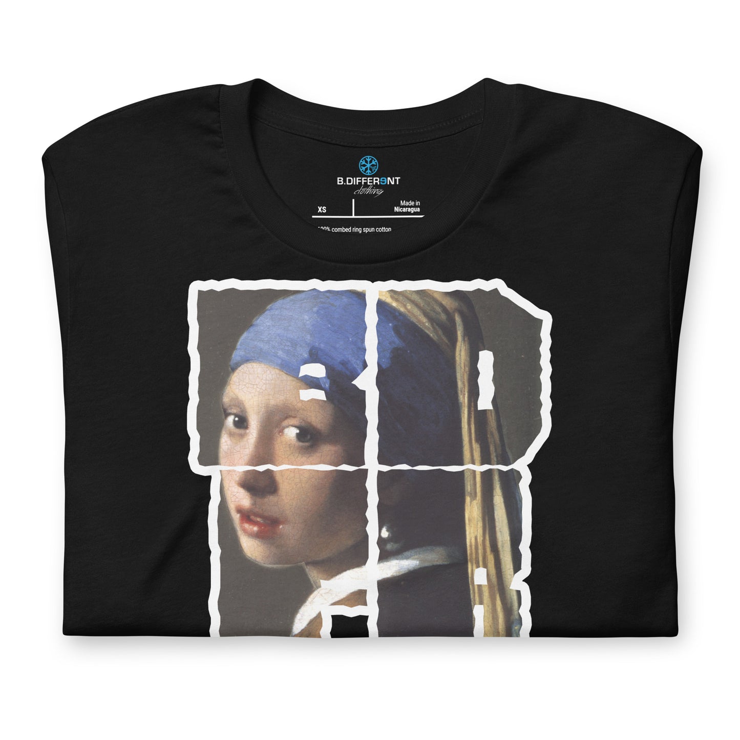 Black-BDFRNT Blockbuster x Girl With Pearl Earring Tee from B.Different Clothing, front view, graffiti-inspired streetwear