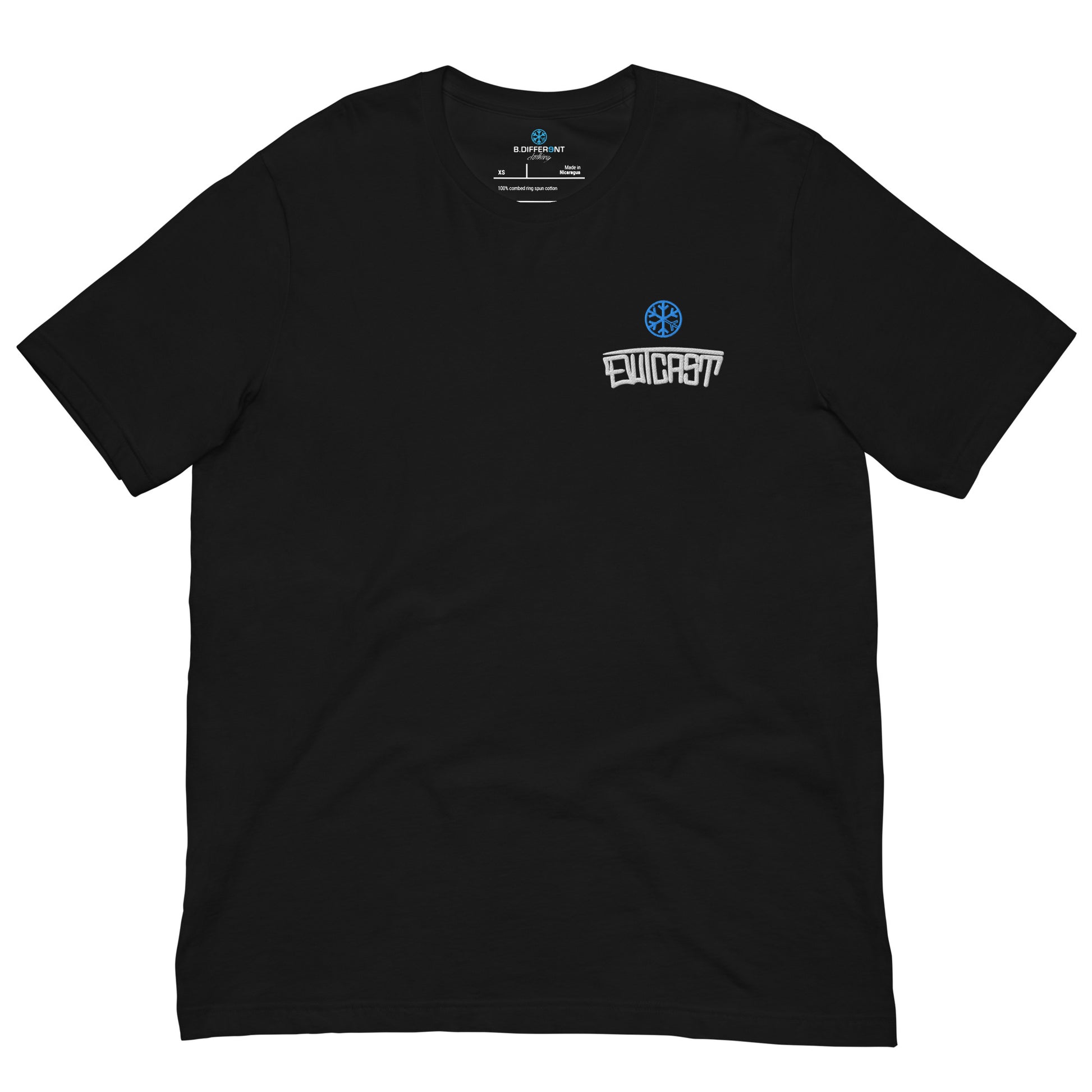 Black-Outcast Graffiti Tag Tee from B.Different Clothing, front view, graffiti-inspired streetwear t-shirt