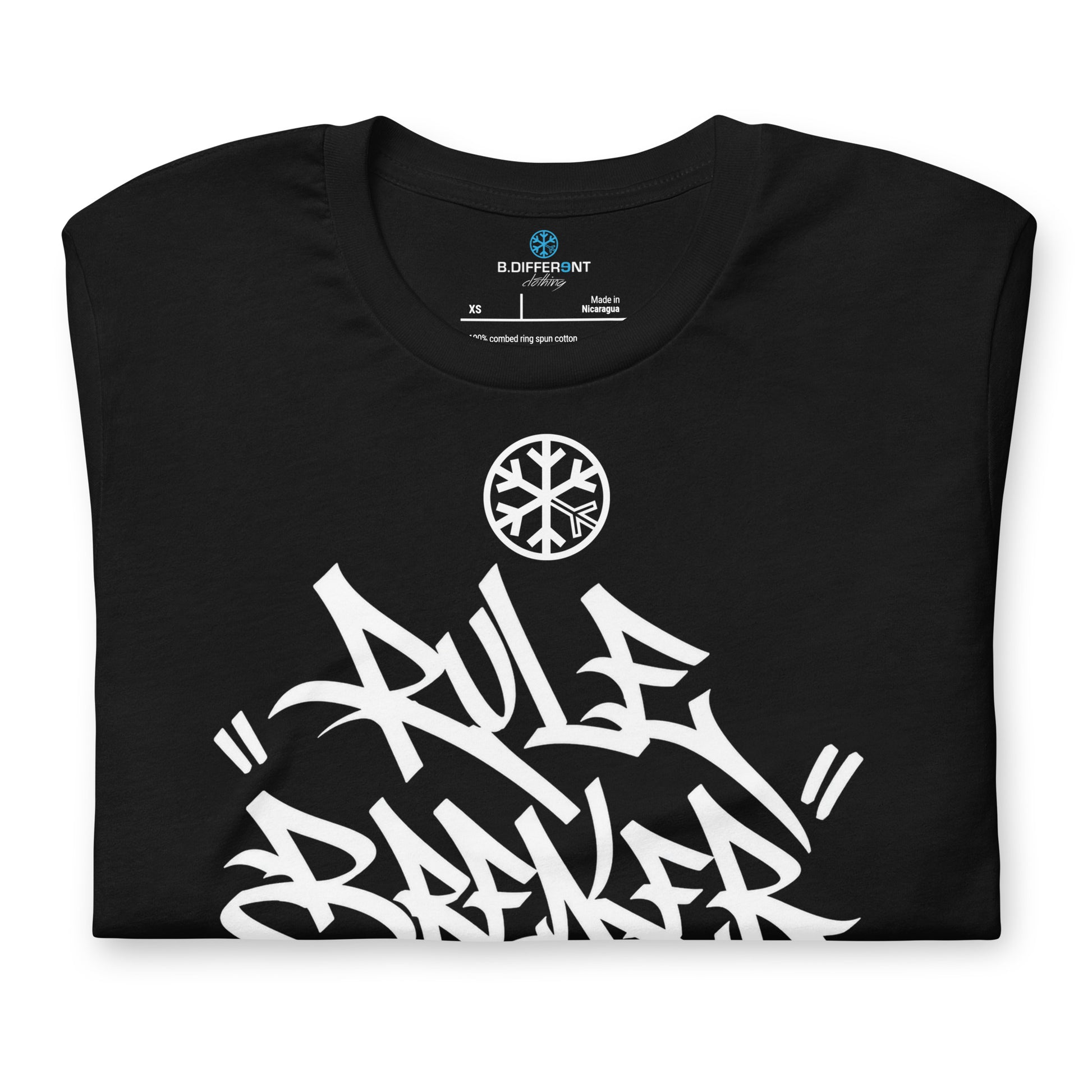 Black-Rule Breaker Graffiti Tag Tee from B.Different Clothing, folded, graffiti-inspired streetwear