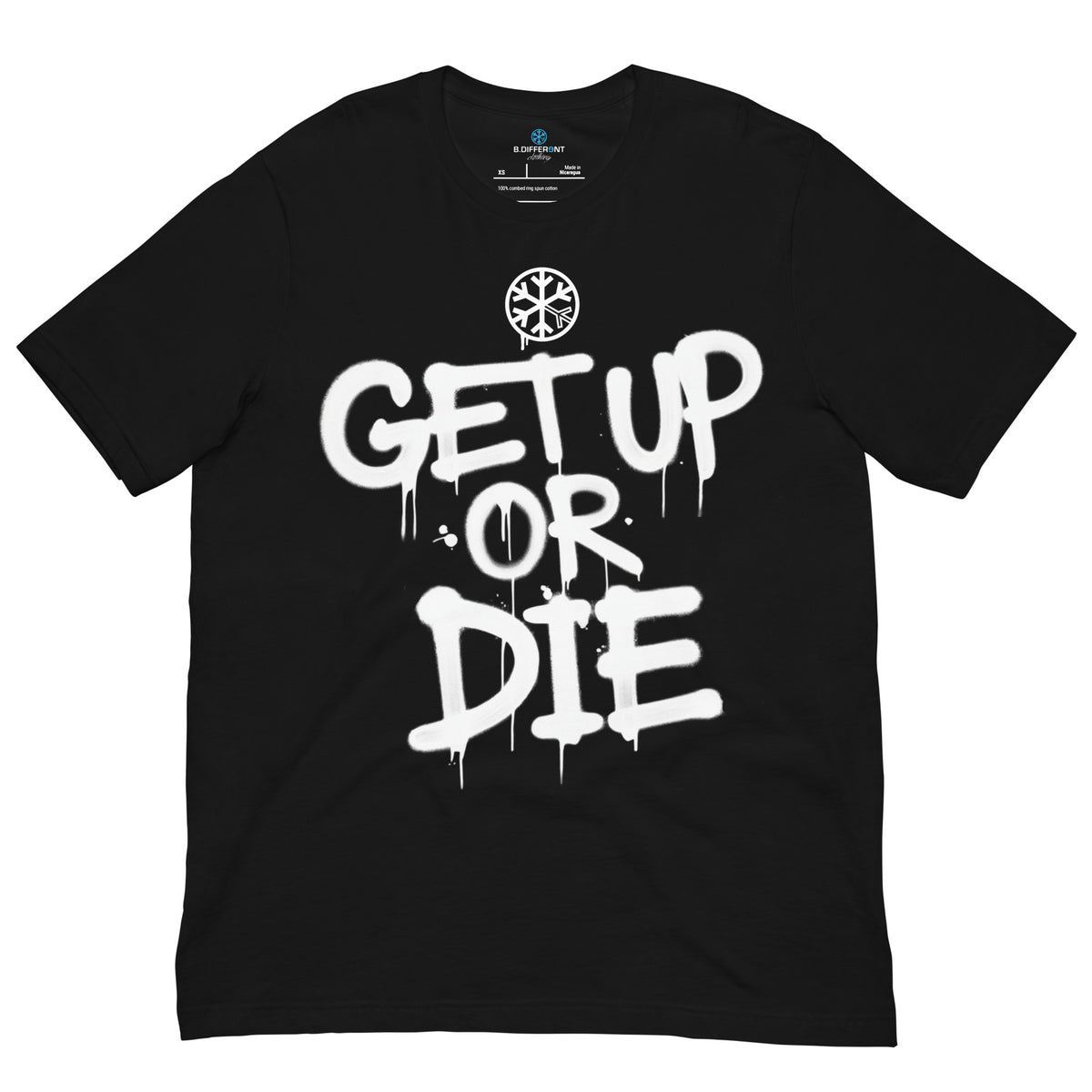 Black-Get Up or Die Graffiti Tag Tee from B.Different Clothing, front view, graffiti-inspired streetwear t-shirt