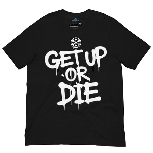 Black-Get Up or Die Graffiti Tag Tee from B.Different Clothing, front view, graffiti-inspired streetwear t-shirt