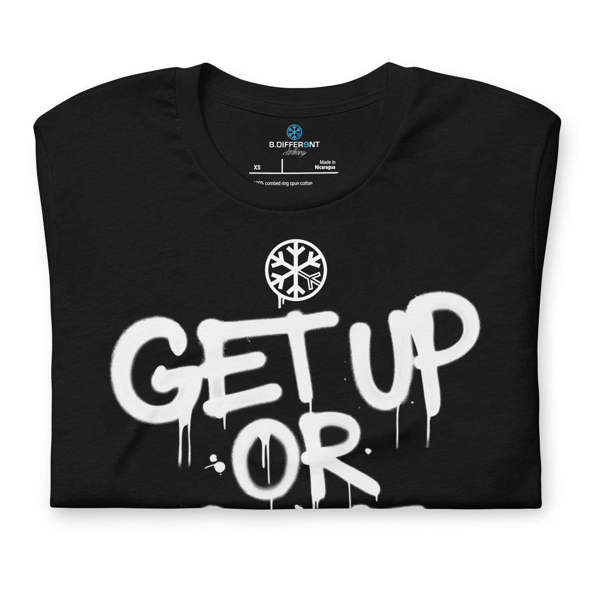 Black-Get Up or Die Graffiti Tag Tee from B.Different Clothing, folded, graffiti-inspired streetwear t-shirt