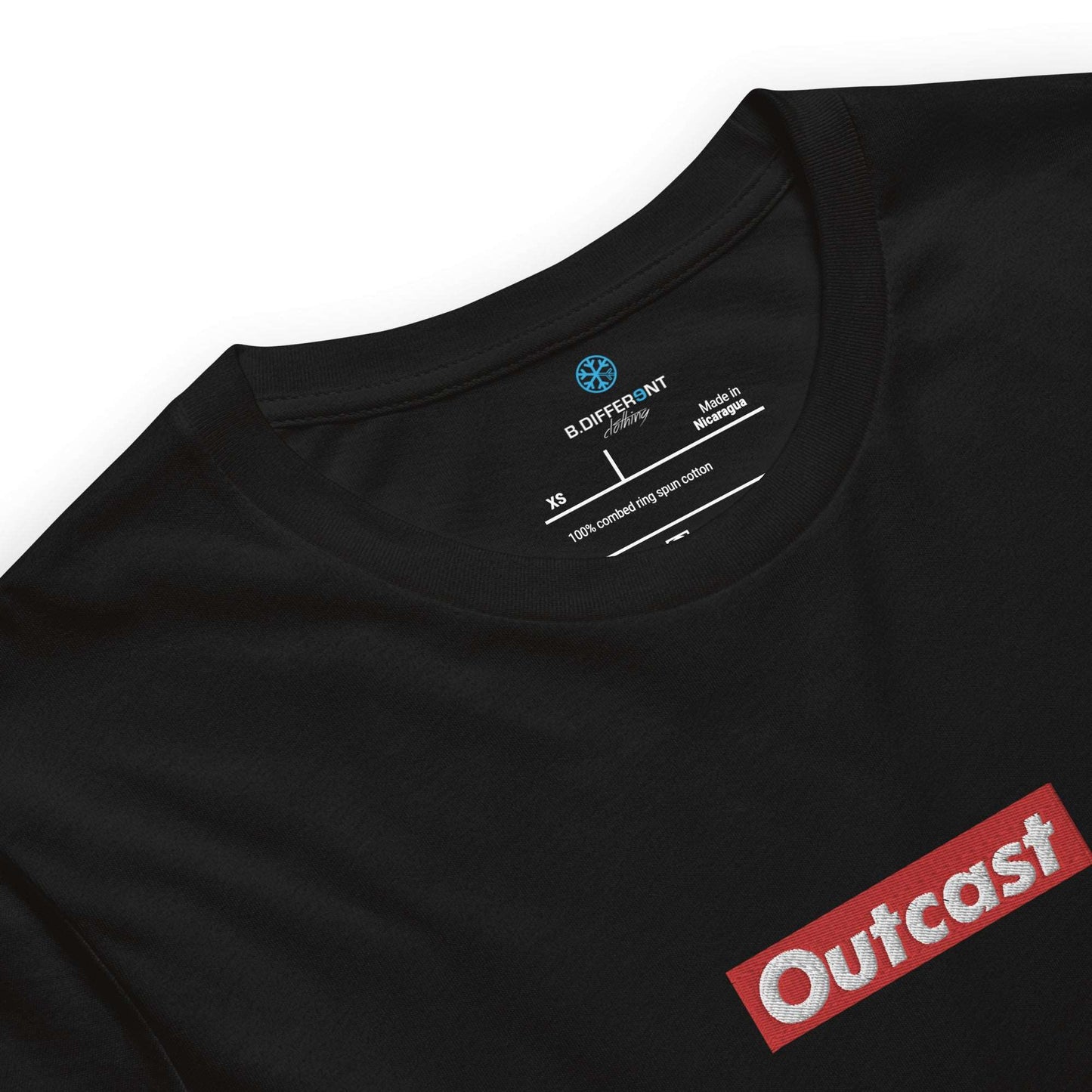 collar of Outcast box tee black b.different clothing street art graffiti inspired independent streetwear