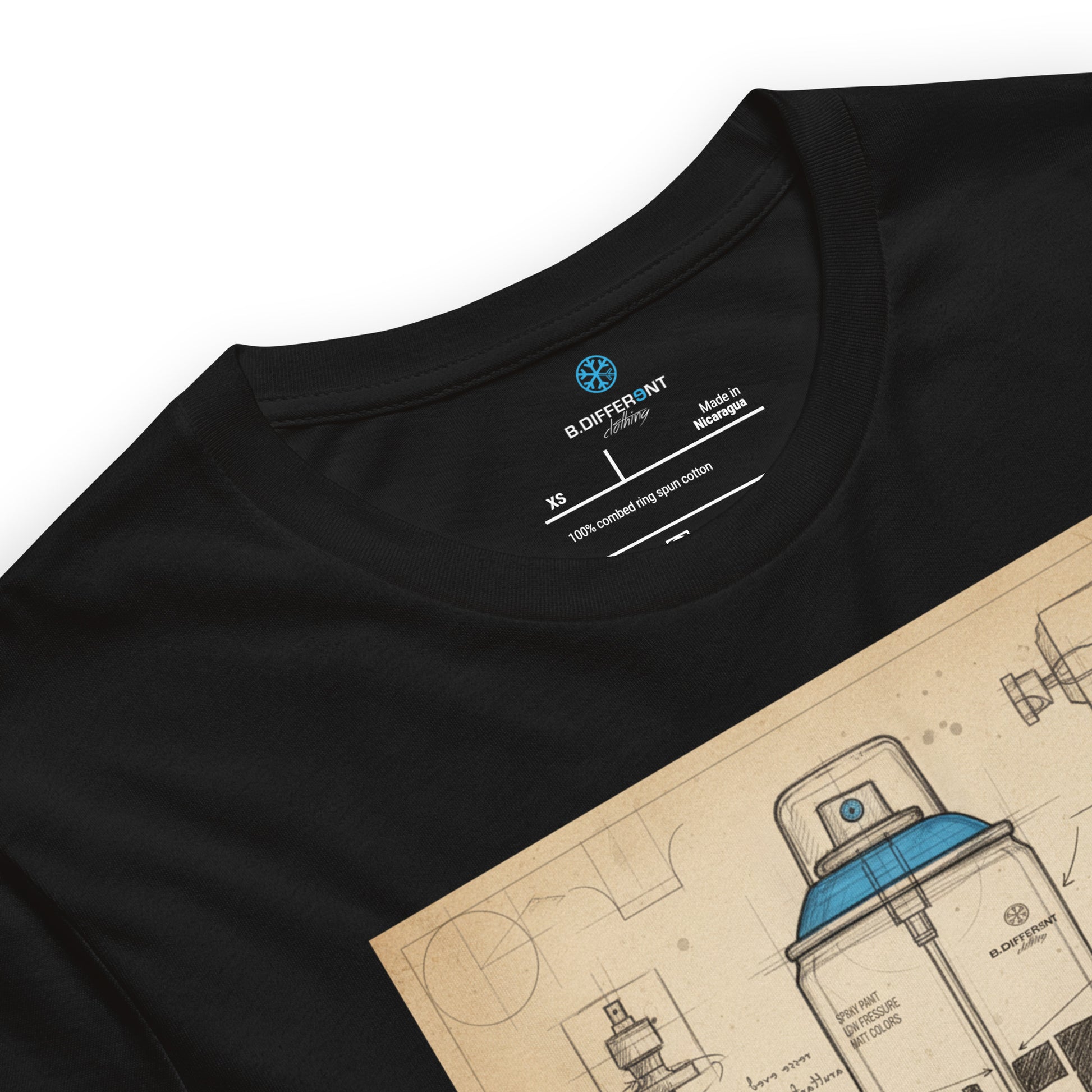 Black-Spray Can Sketch Graffiti Tee from B.Different Clothing, collar, graffiti-inspired streetwear t-shirt