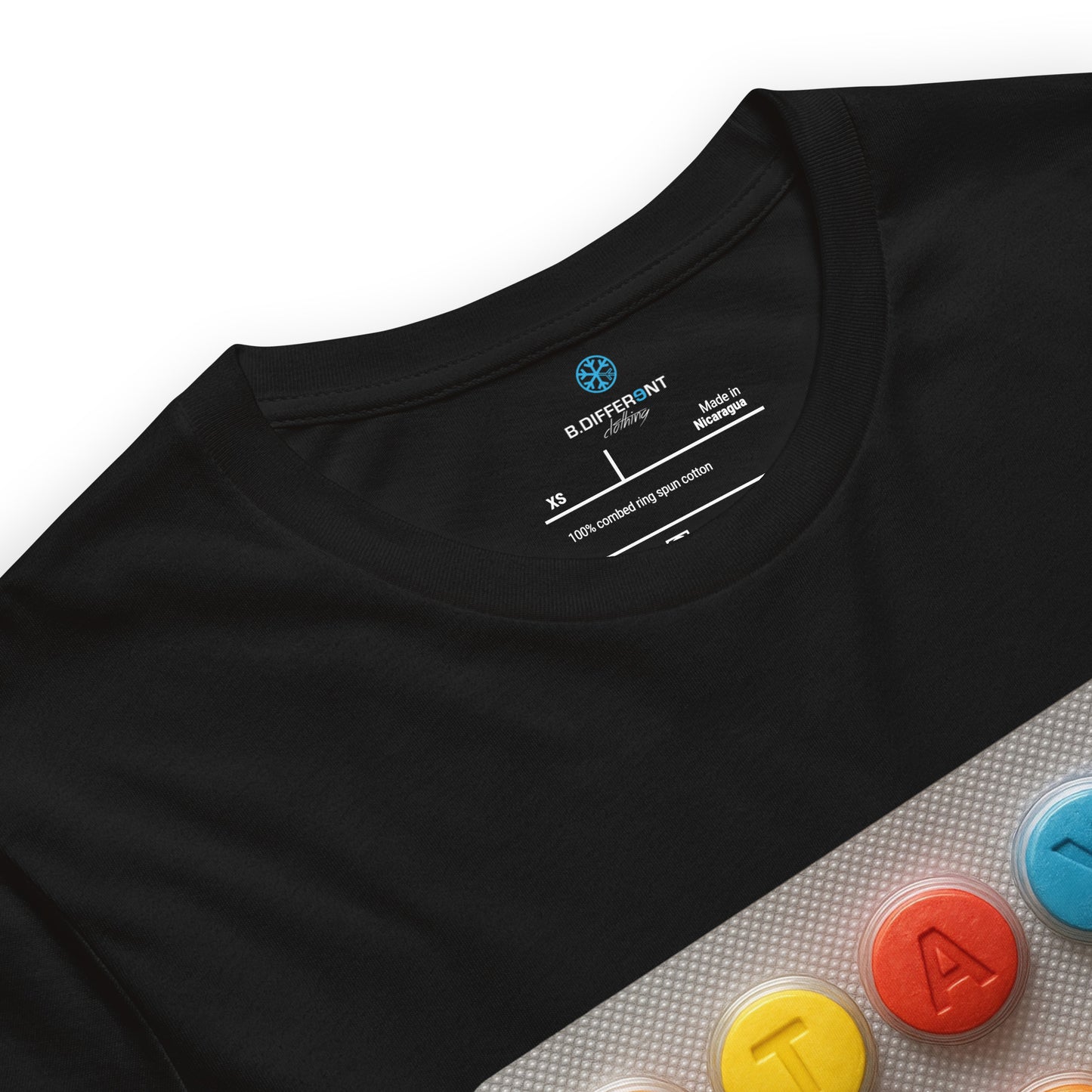 Black-Stay Weird Pills Tee from B.Different Clothing, collar, graffiti-inspired streetwear t-shirt