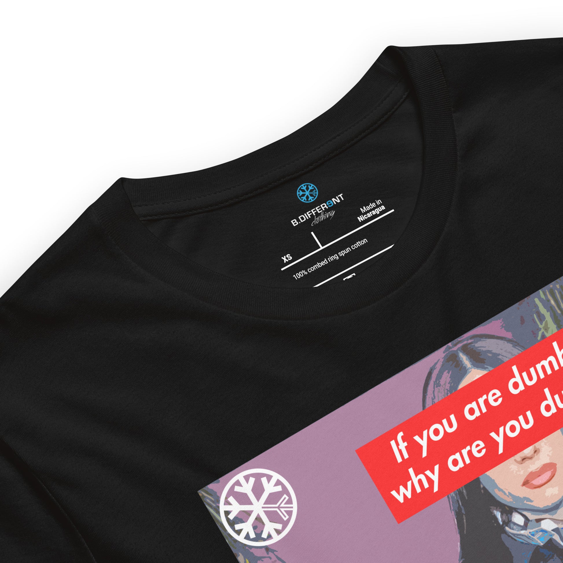Black-Why Are You Dumb Tee from B.Different Clothing, collar, graffiti-inspired streetwear t-shirt