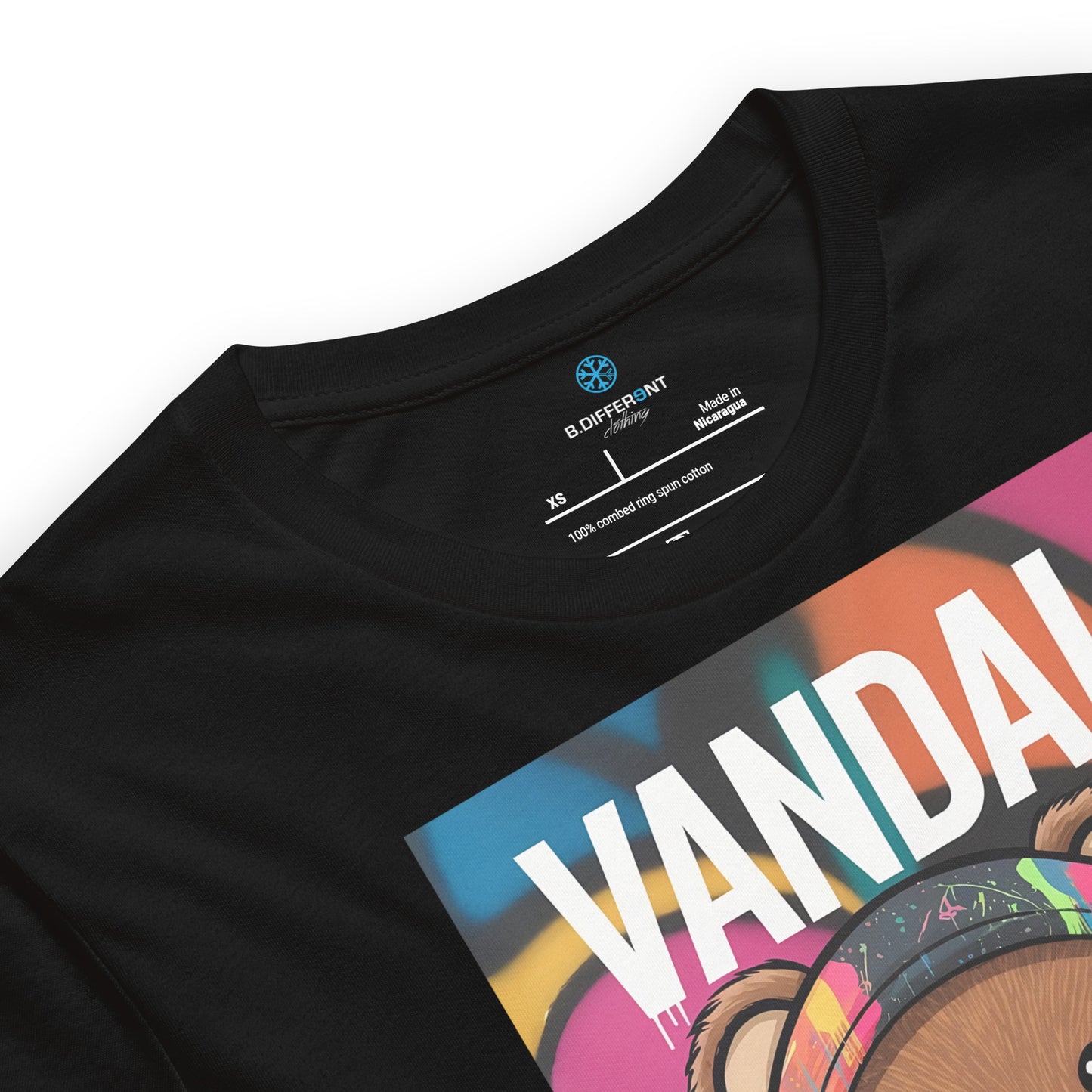 Black-Vandal Teddy Bear Graffiti Tee from B.Different Clothing, collar, graffiti-inspired streetwear