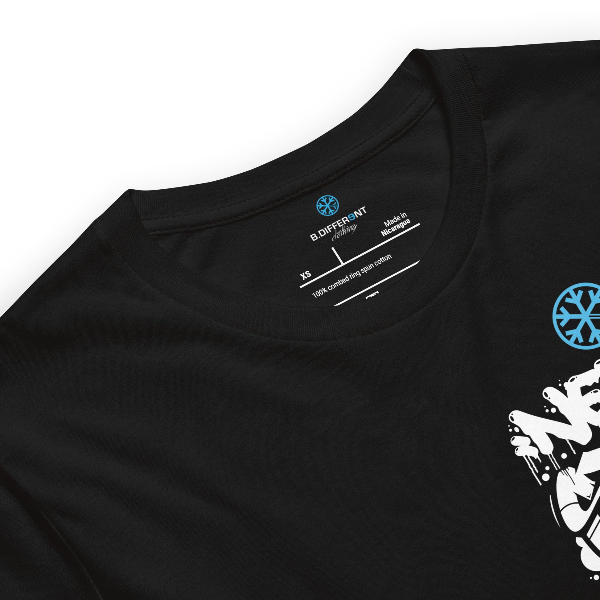 Black-Never Stop Graffiti Character Tee from B.Different Clothing, collar, graffiti-inspired streetwear t-shirt