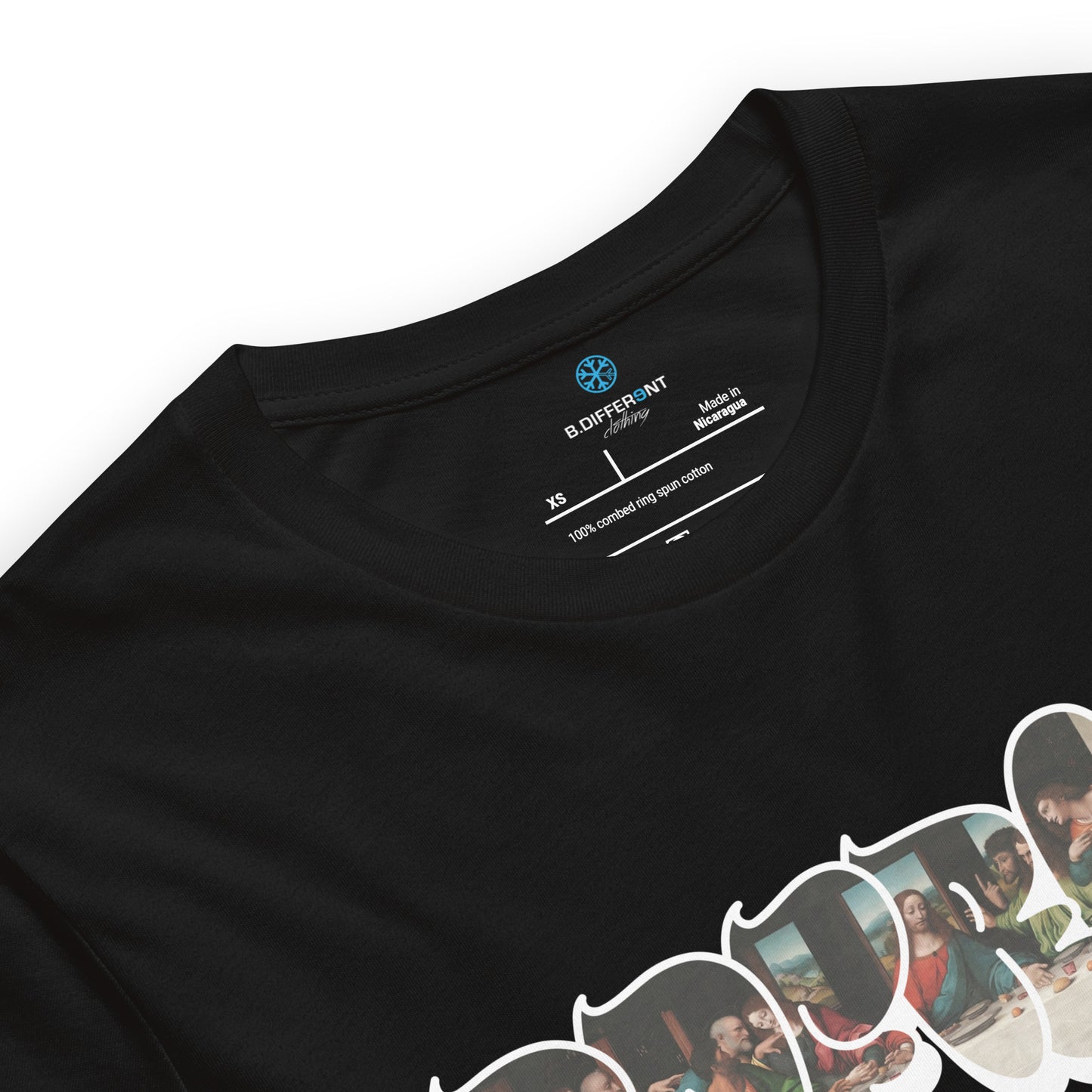 Black-BDFRNT Throwie x Last Supper Graffiti Tee from B.Different Clothing, collar, graffiti-inspired streetwear t-shirt