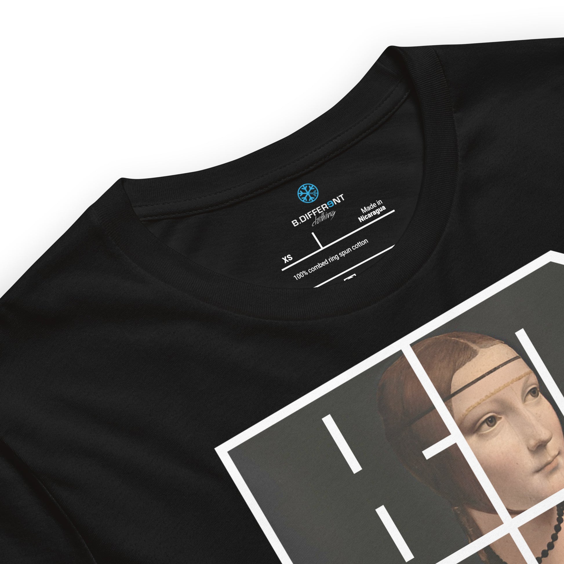 Black-BDFRNT Blockbuster x Lady With Ermine Graffiti Tee from B.Different Clothing, collar, graffiti-inspired streetwear t-shirt