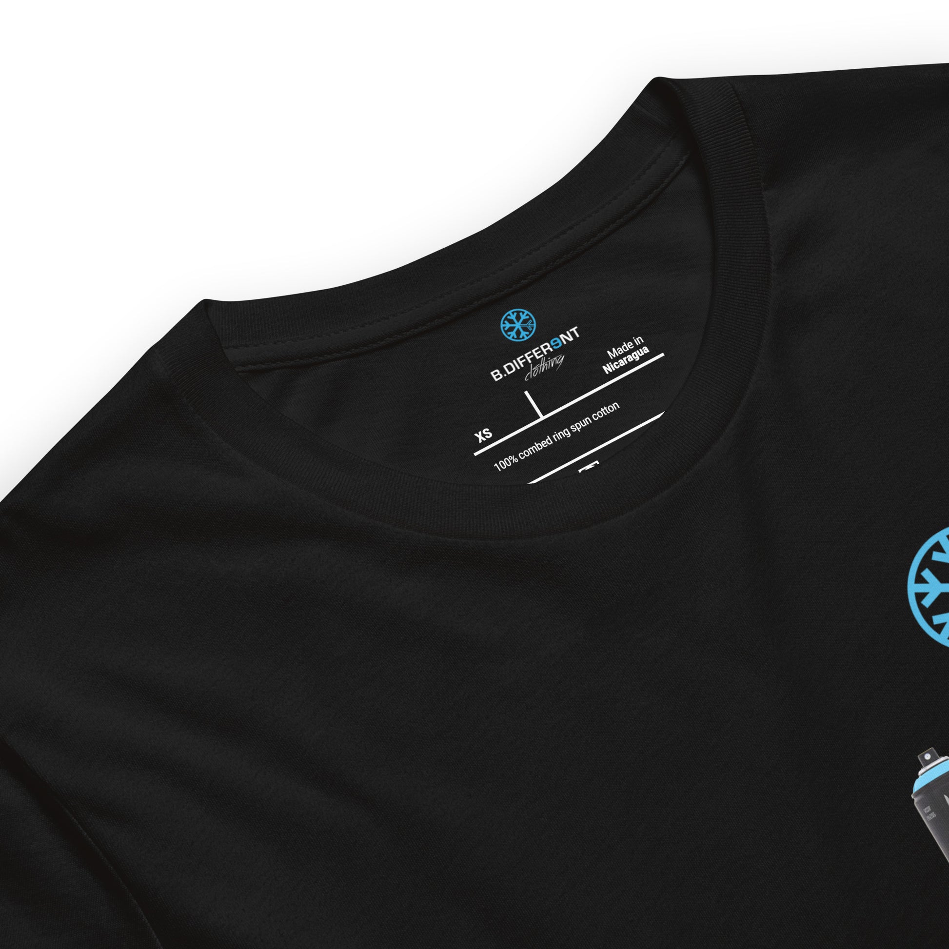 Black-Graffiti Artist Action Figure Tee from B.Different Clothing, collar, graffiti-inspired streetwear t-shirt