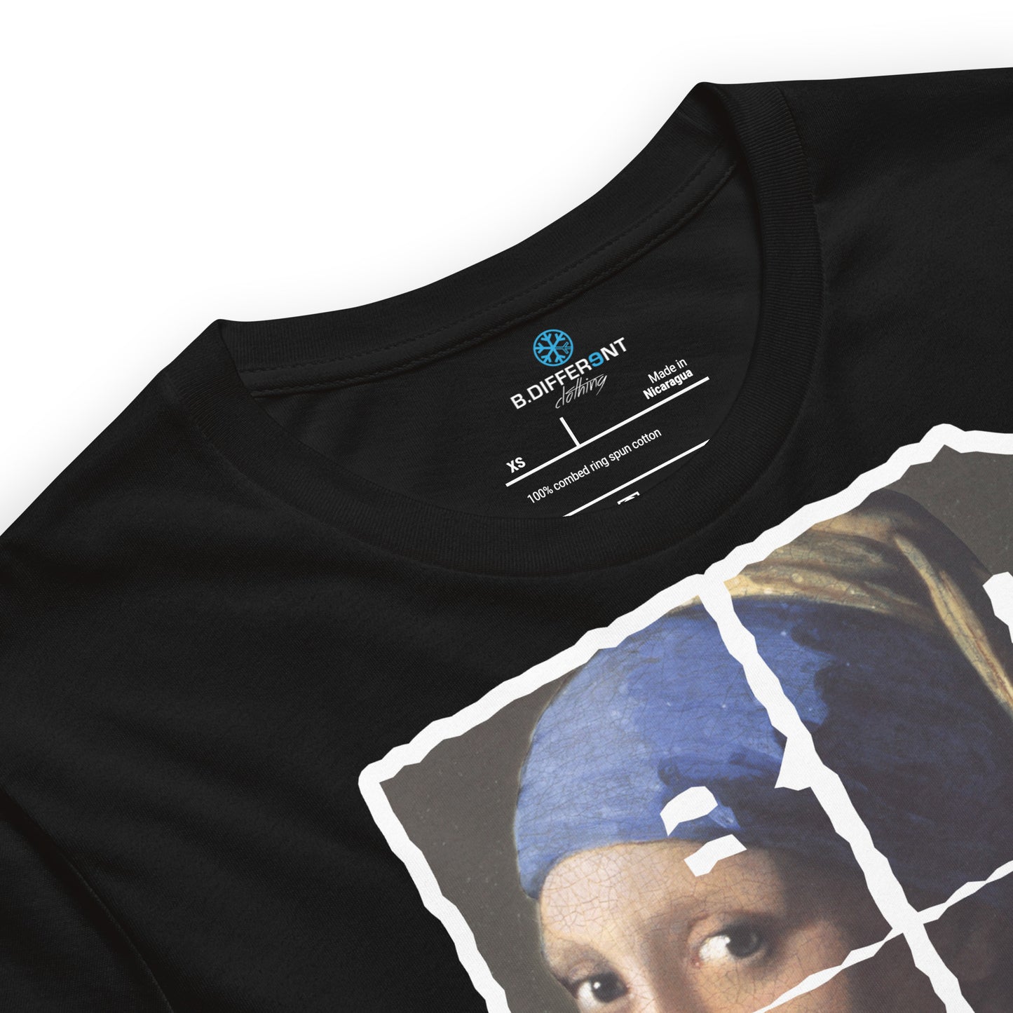 Black-BDFRNT Blockbuster x Girl With Pearl Earring Tee from B.Different Clothing, detail view, graffiti-inspired streetwear