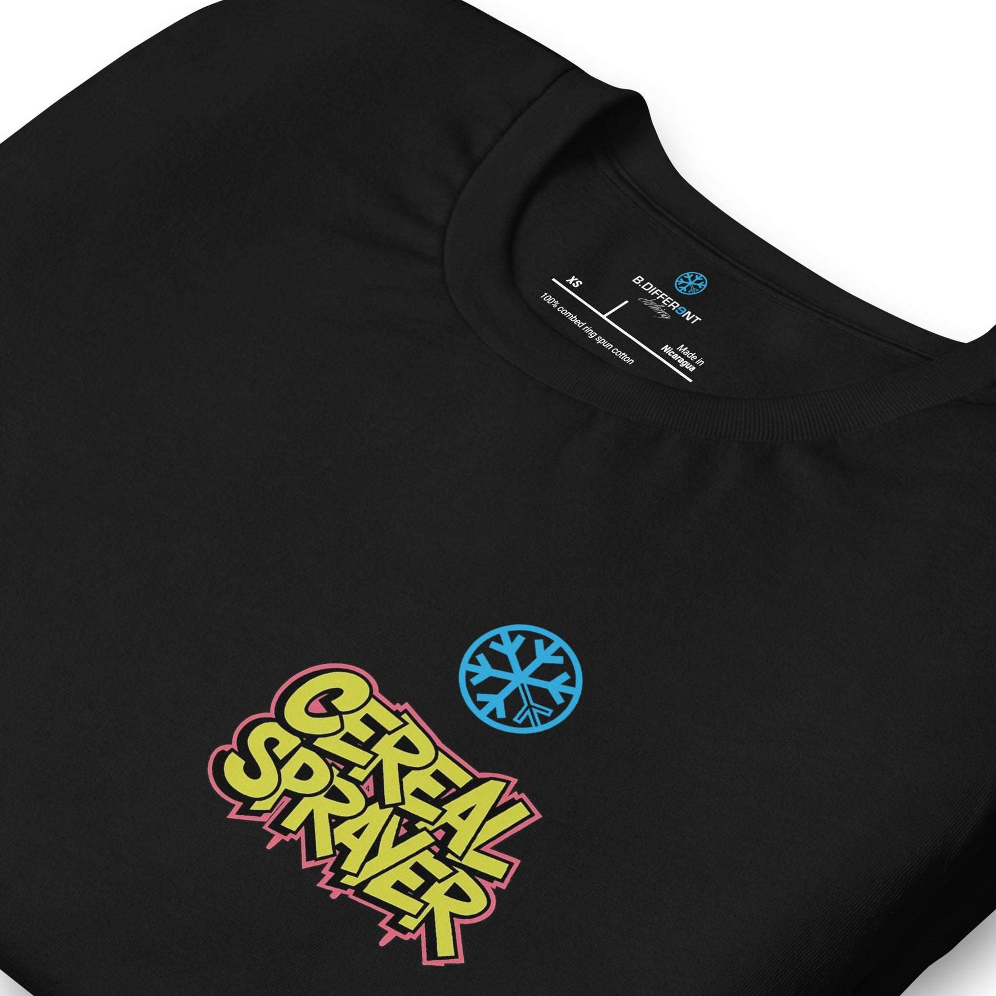 detail of Cereal Sprayer Graffiti Tee black B.Different Clothing graffiti street art inspired streetwear brand