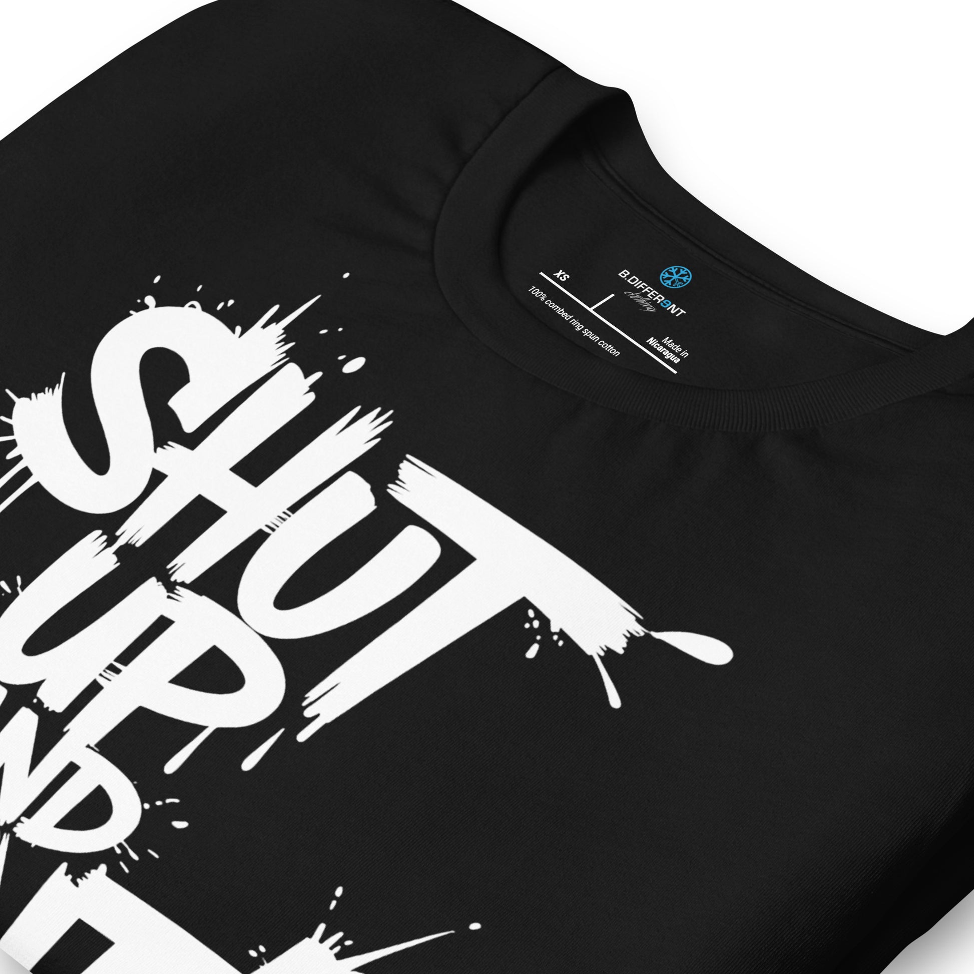 Black-Shut Up and Paint Graffiti Tee from B.Different Clothing, detail, graffiti-inspired streetwear t-shirt