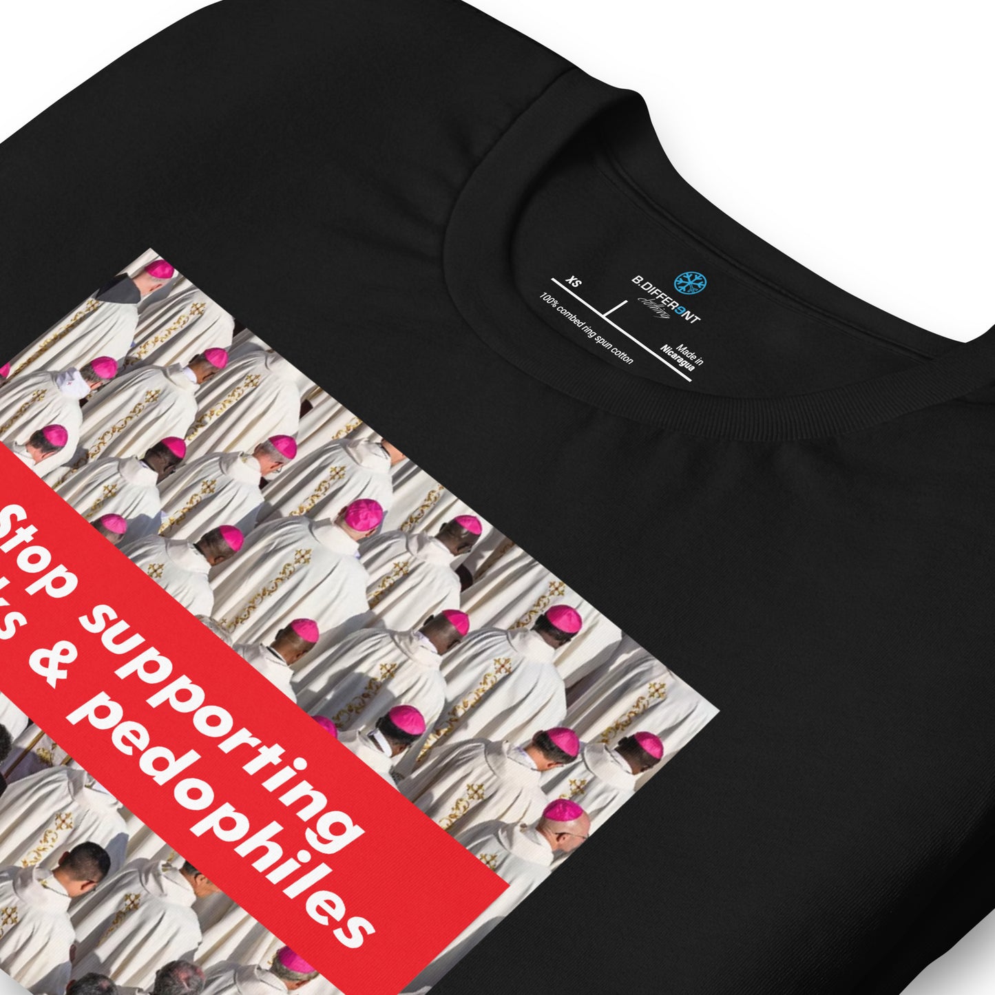 Black-Vatican Crooks Tee from B.Different Clothing, detail, graffiti-inspired streetwear t-shirt