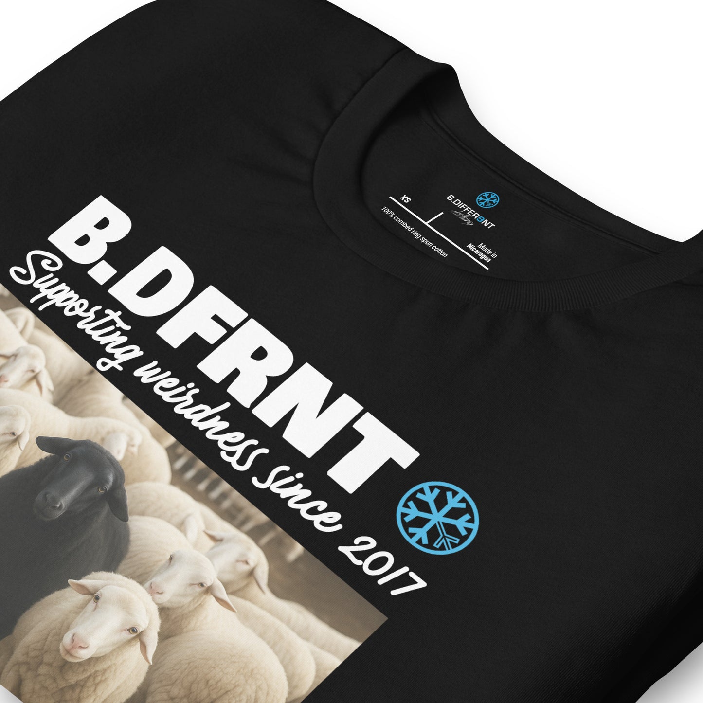 Black-Black Sheep Tee from B.Different Clothing, detail, graffiti-inspired streetwear t-shirt