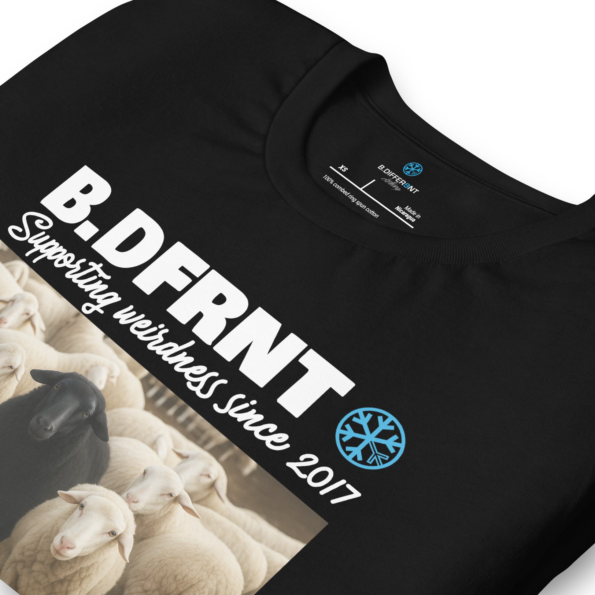 Black-Black Sheep Tee from B.Different Clothing, detail, graffiti-inspired streetwear t-shirt