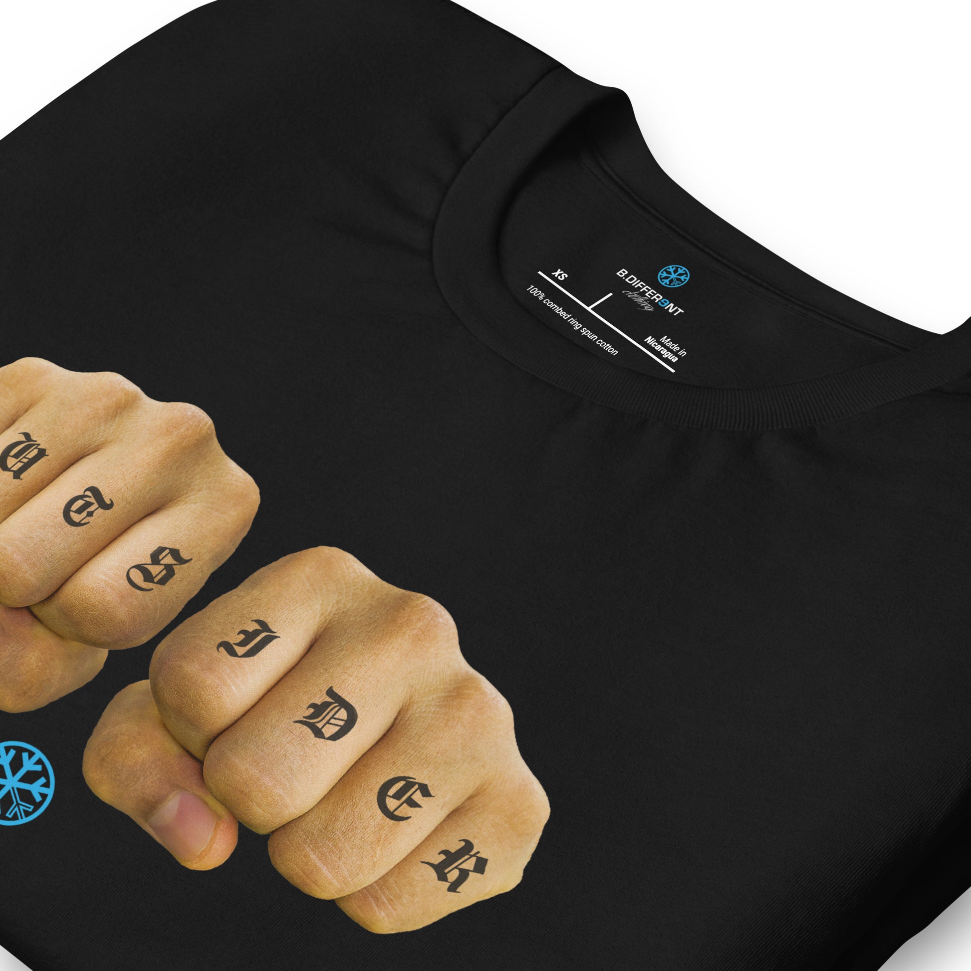 Black-Outsider Tattoo Tee from B.Different Clothing, detail, graffiti-inspired streetwear t-shirt