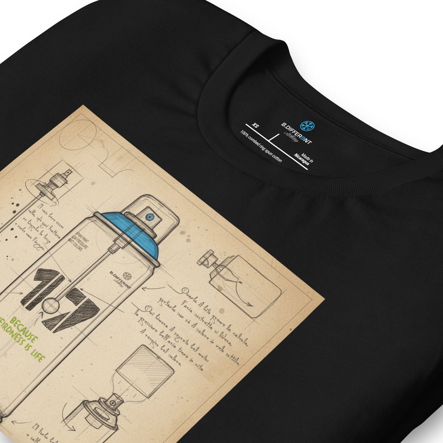 Black-Spray Can Sketch Graffiti Tee from B.Different Clothing, detail, graffiti-inspired streetwear t-shirt