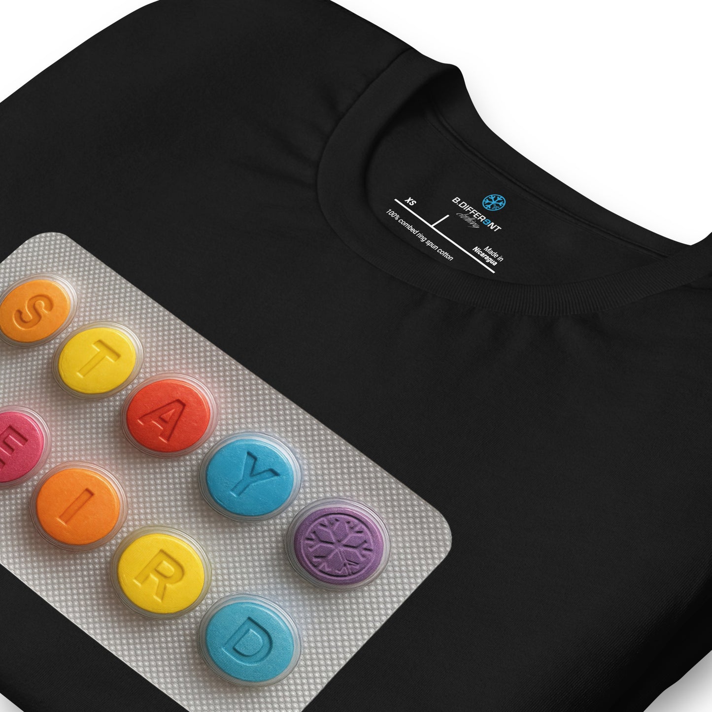 Black-Stay Weird Pills Tee from B.Different Clothing, detail, graffiti-inspired streetwear t-shirt