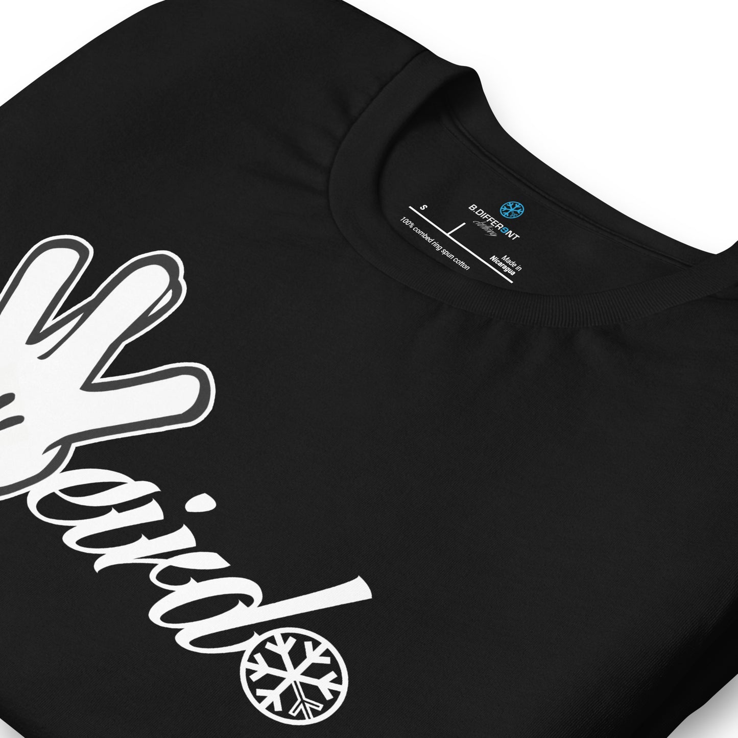 Beige-Weirdo Hand Sign Tee from B.Different Clothing, detail, graffiti-inspired streetwear t-shirt