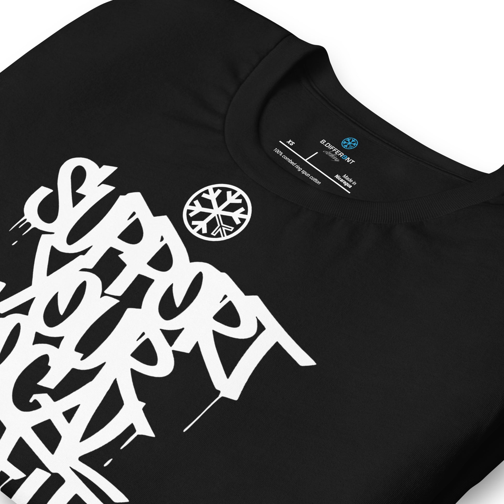 Black-Support Your Local Graffiti Artists Tee from B.Different Clothing, detail, graffiti-inspired streetwear t-shirt