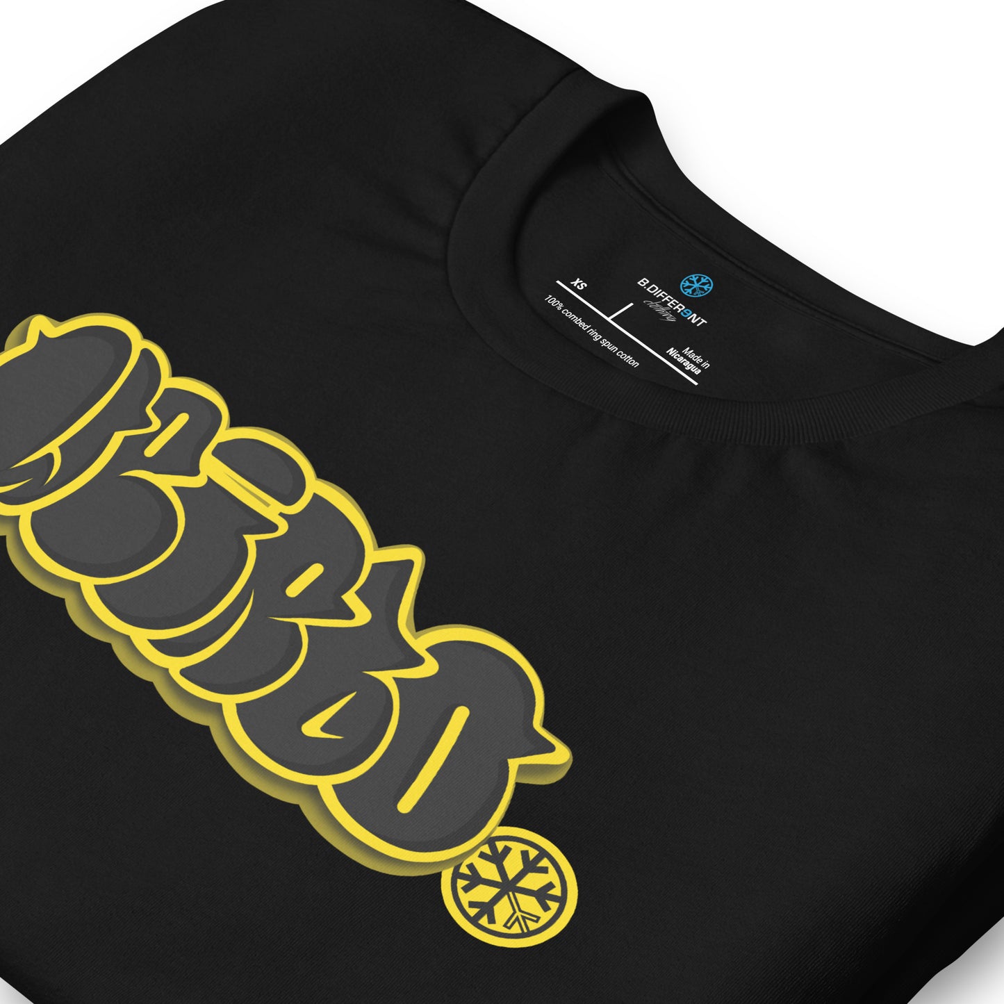 Black-Weirdo Graffiti Throwie Tee from B.Different Clothing, detail, graffiti-inspired streetwear t-shirt