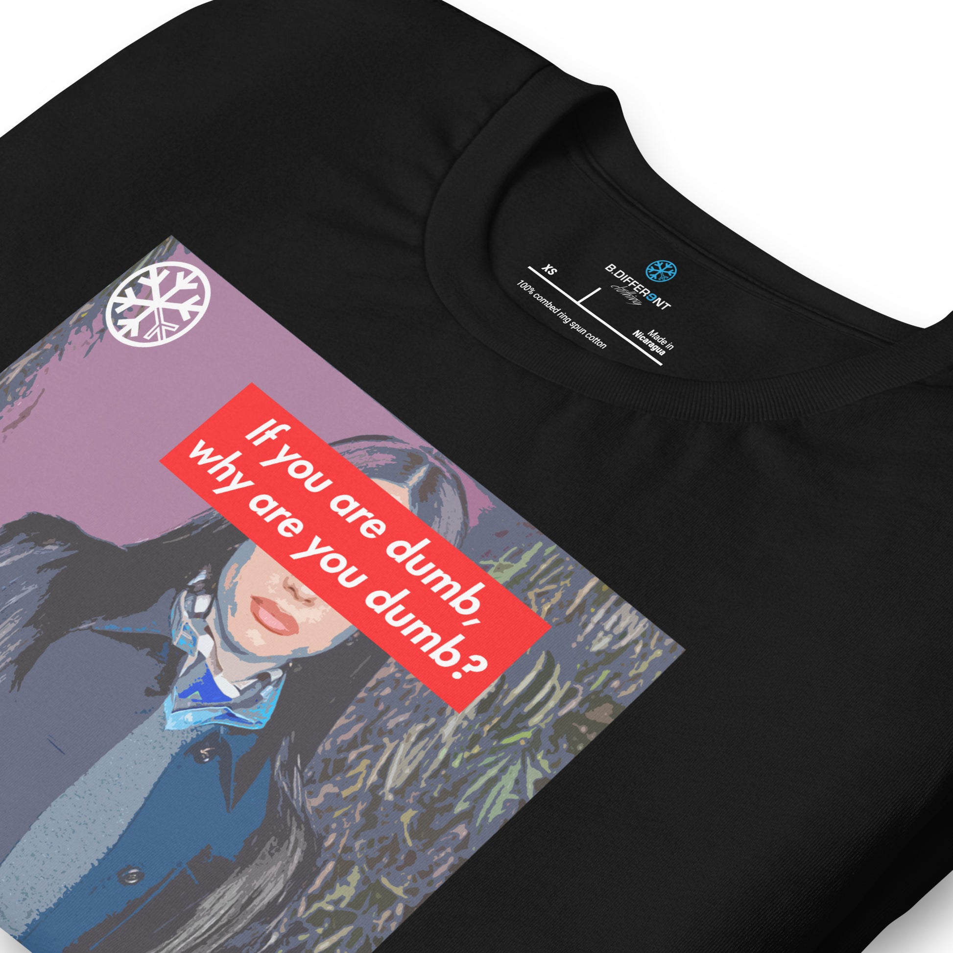 Black-Why Are You Dumb Tee from B.Different Clothing, detail, graffiti-inspired streetwear t-shirt