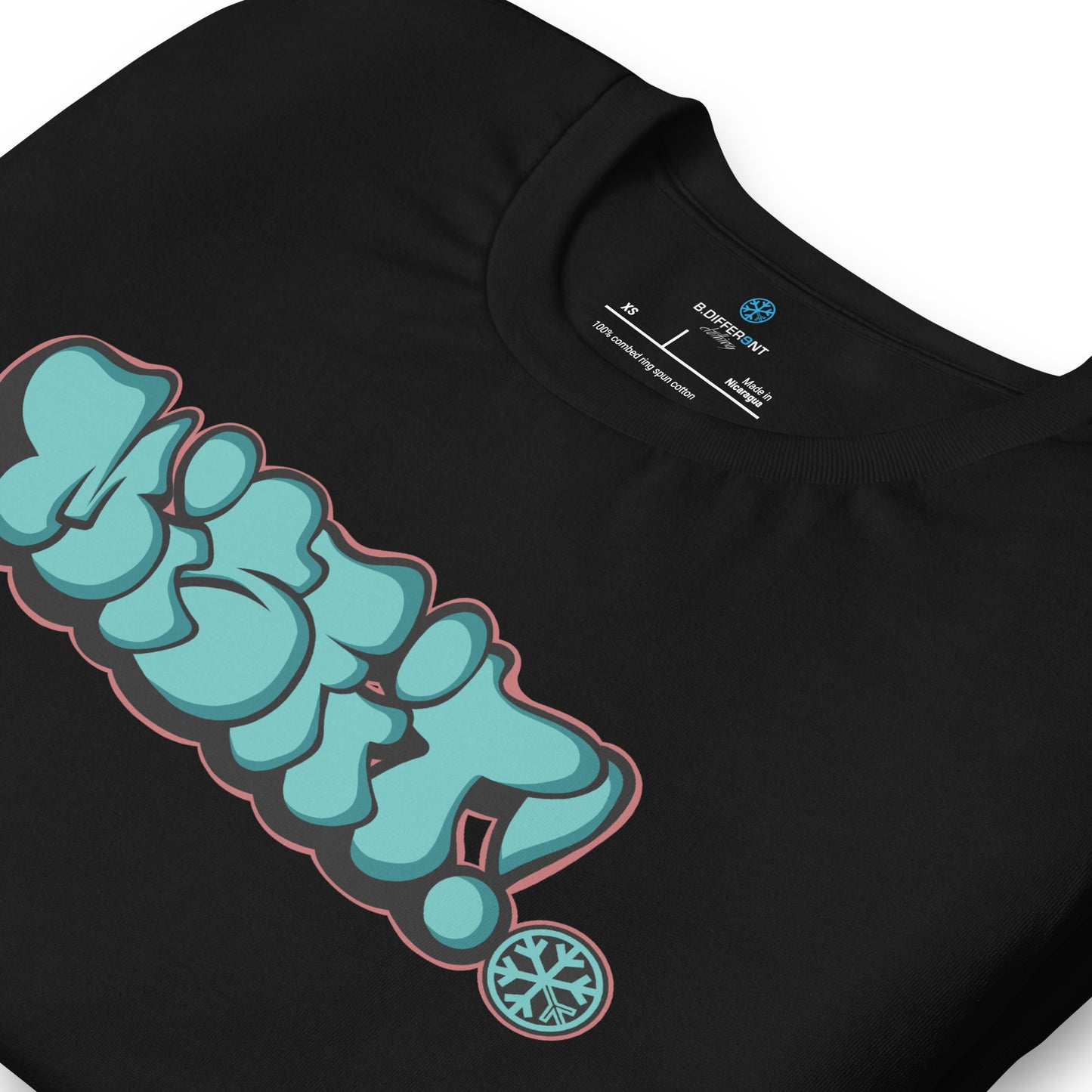 Black-Misfit Graffiti Throwie Tee from B.Different Clothing, detail, graffiti-inspired streetwear t-shirt