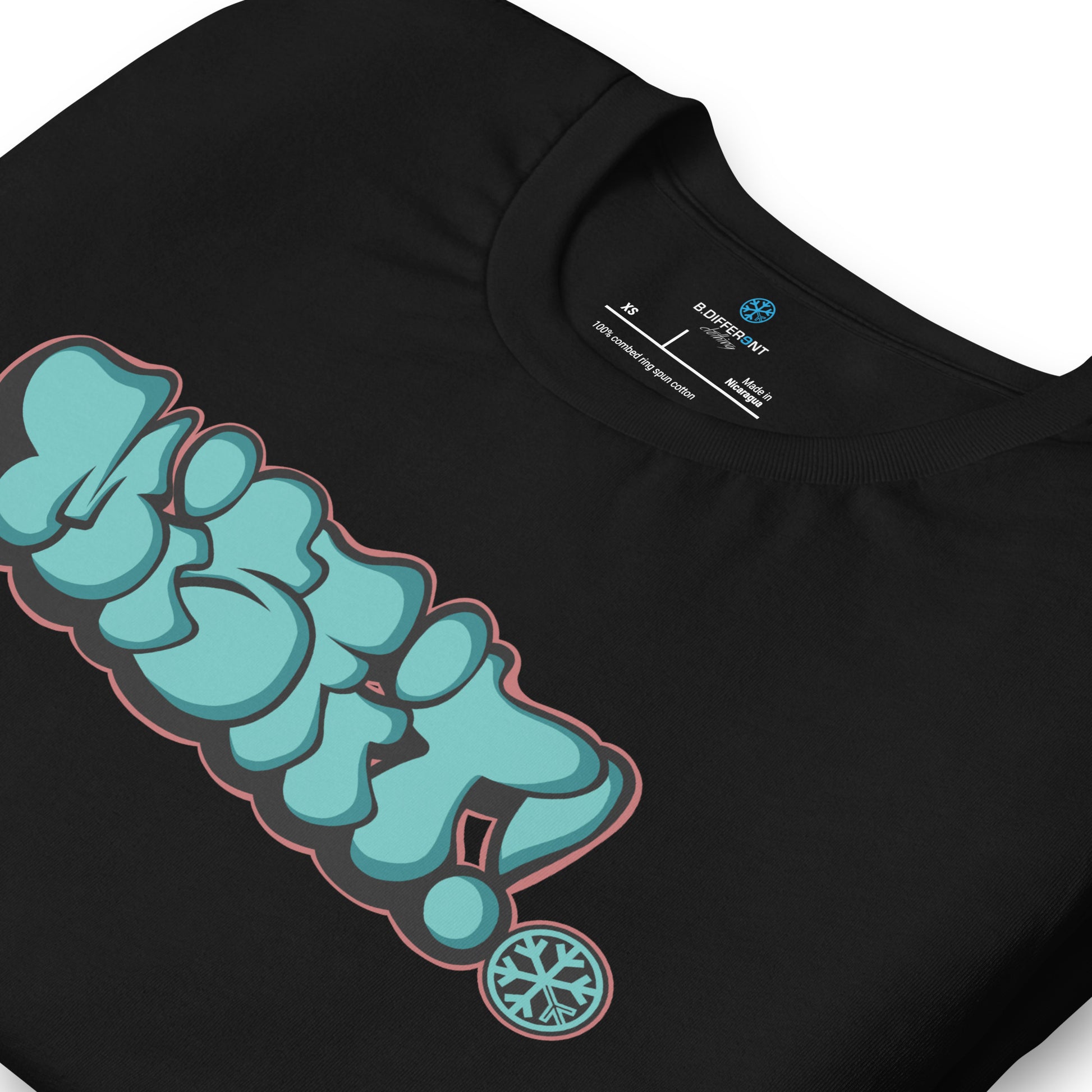 Black-Misfit Graffiti Throwie Tee from B.Different Clothing, detail, graffiti-inspired streetwear t-shirt