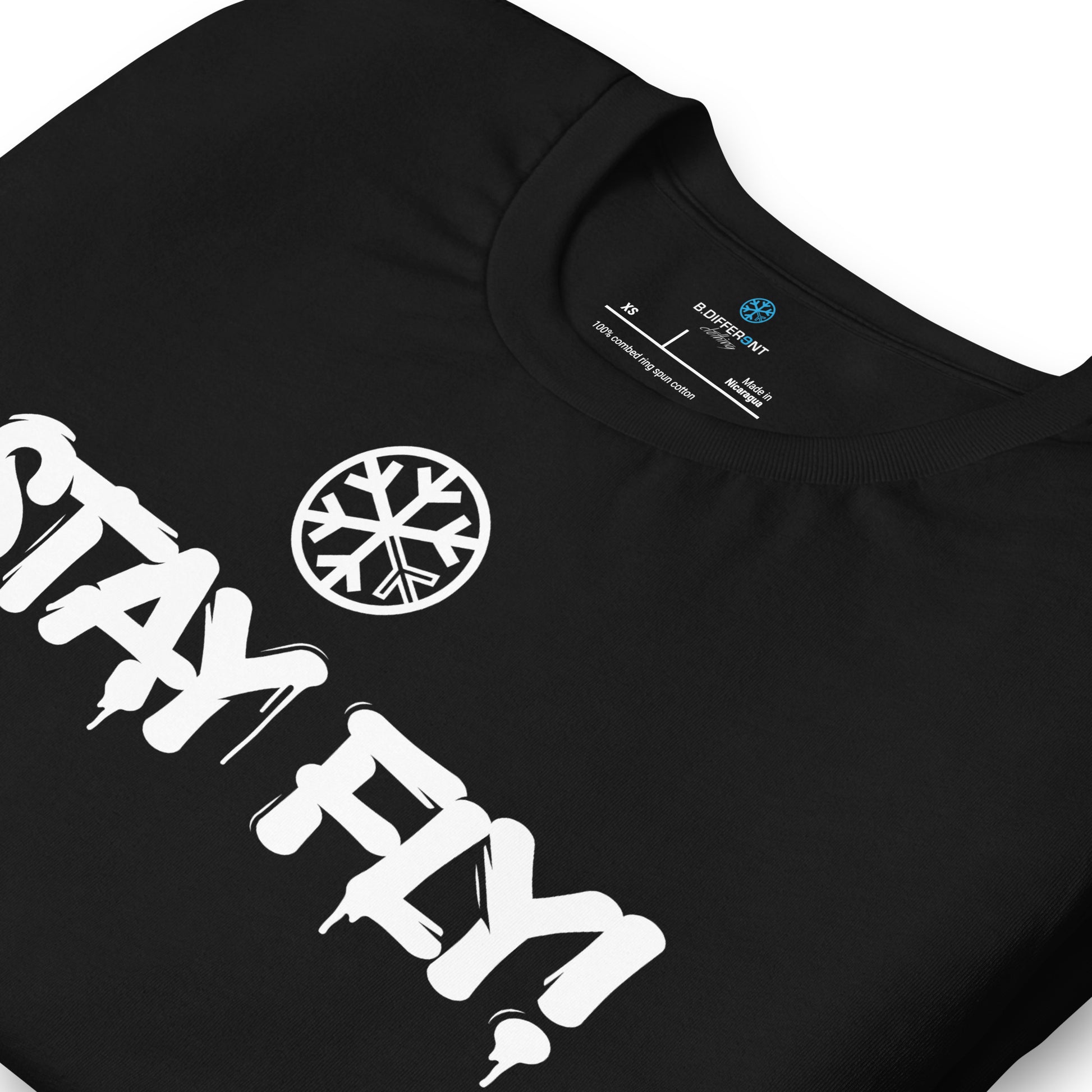 Black-Stay Fly Graffiti Tag Tee from B.Different Clothing, detail, graffiti-inspired streetwear t-shirt