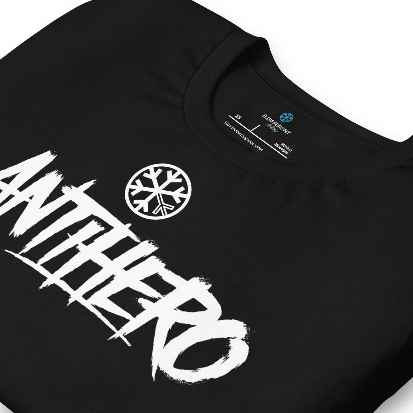 Black-Antihero Graffiti Tag Tee from B.Different Clothing, detail, graffiti-inspired streetwear t-shirt